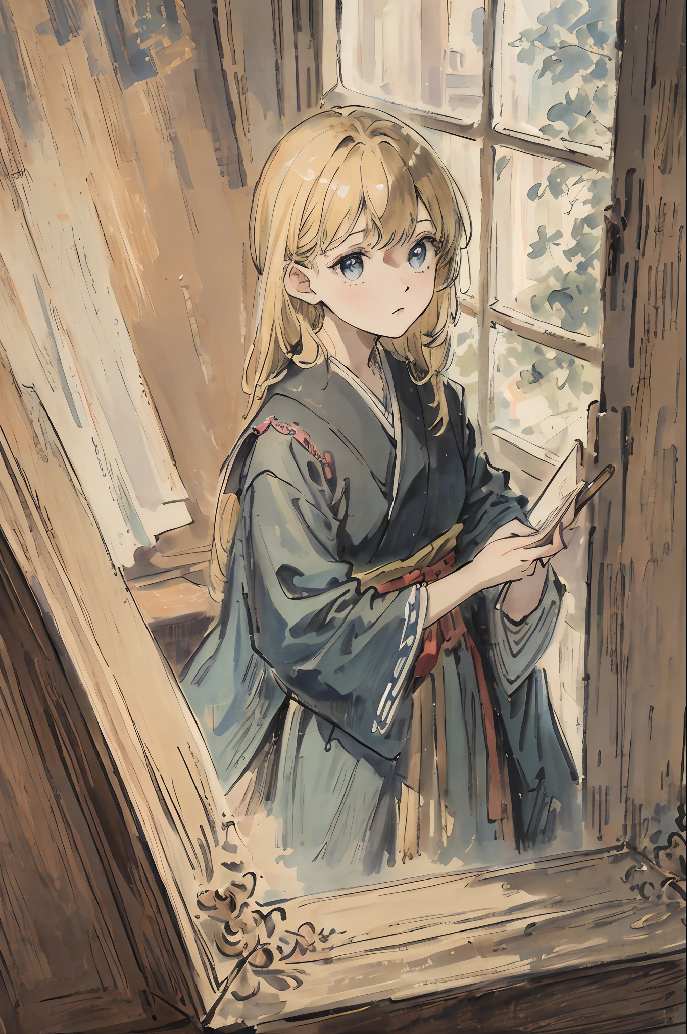masterpiece, top quality, Japan college student, very delicate and beautiful, world masterpiece theater, super definition, highest quality, blonde, high-resolution, very elaborate, girl, highest quality, illustration, viewer looking out, impasto, canvas, oil painting, realism, realistic, women's room, looking out the window