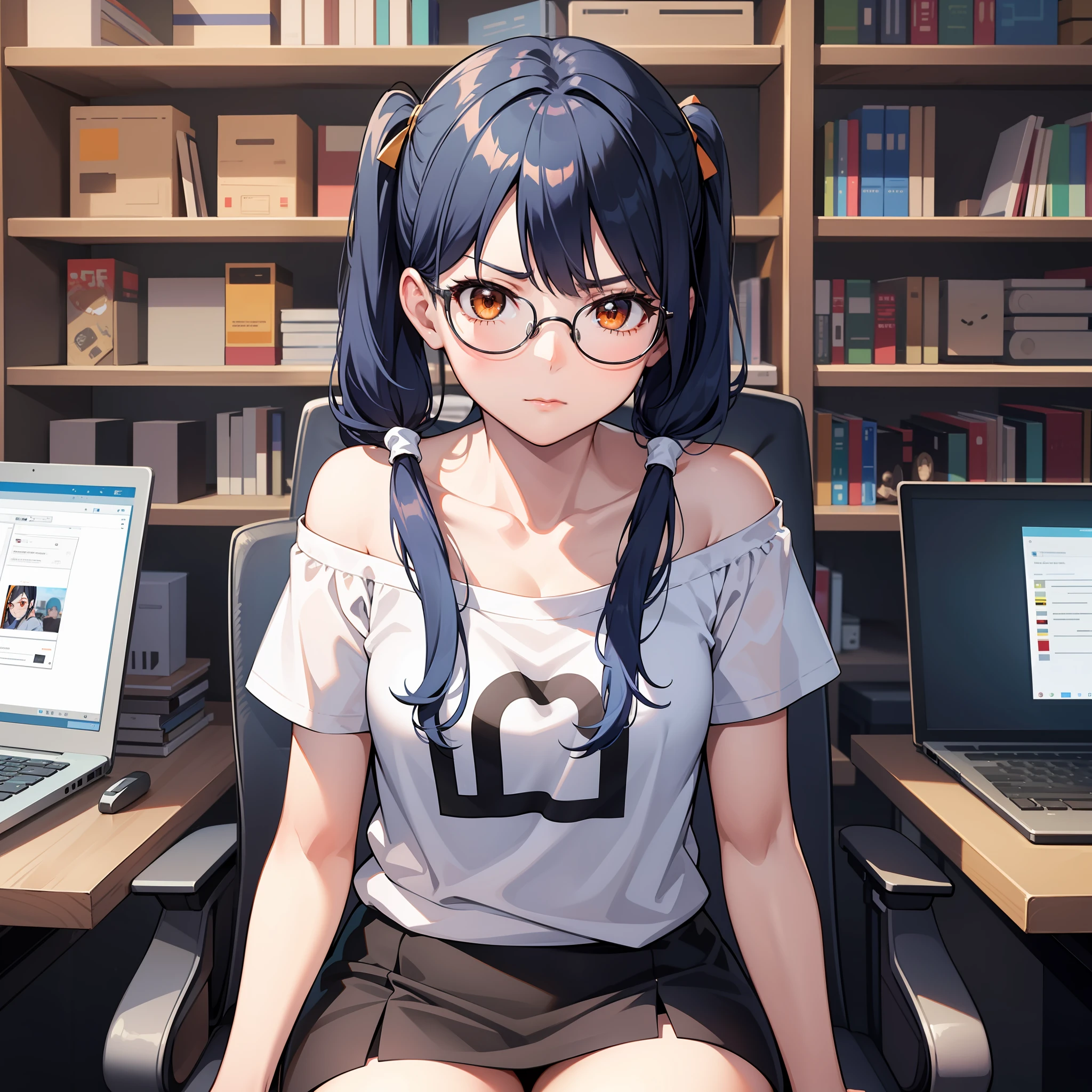 Thirty year old woman, serious Expression, short blue hair With white lines In the middle, in two pigtails, orange eyes, wearing transparent glasses, T-shirt with off shoulder, black miniskirt, stocking, Sit on the chair, Computer room, close up