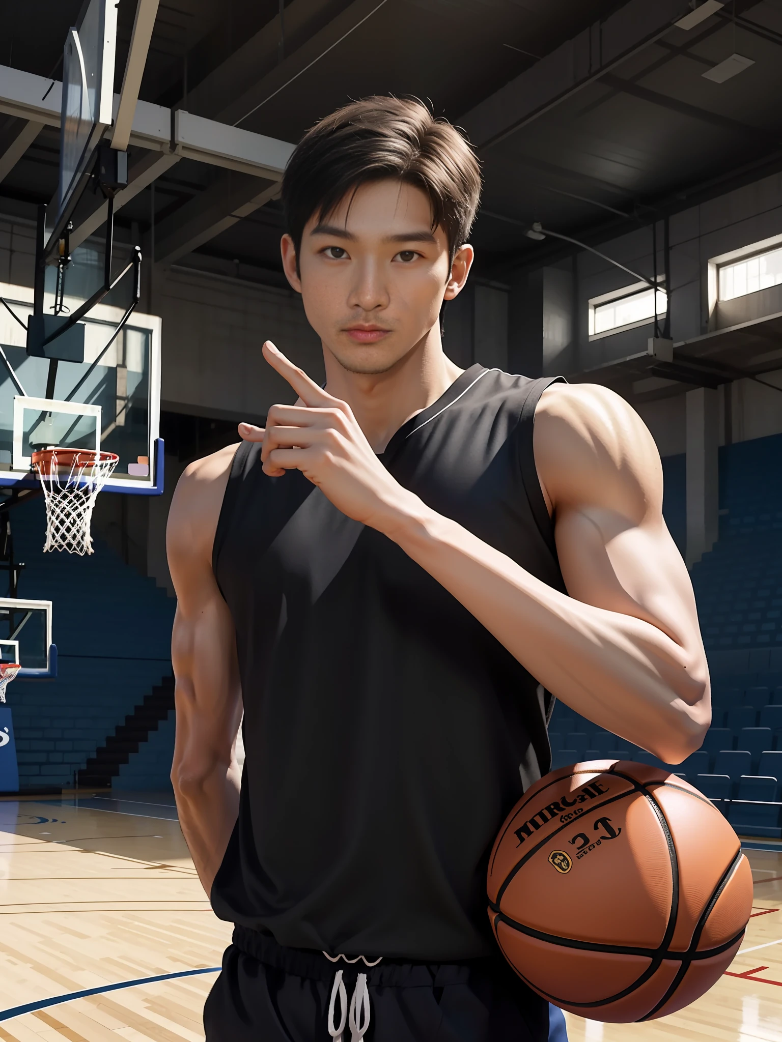 (Masterpiece, best quality), 1 male, 22 years old, age: 1.4, tall muscular man, broad shoulders, Asian male, excellent figure, fine and meticulous eyes and meticulous face, best proportions four fingers and one finger, best light and shadow, extremely short hair, undercut, mercenary, background on the basketball court, realism, real people, very realistic,