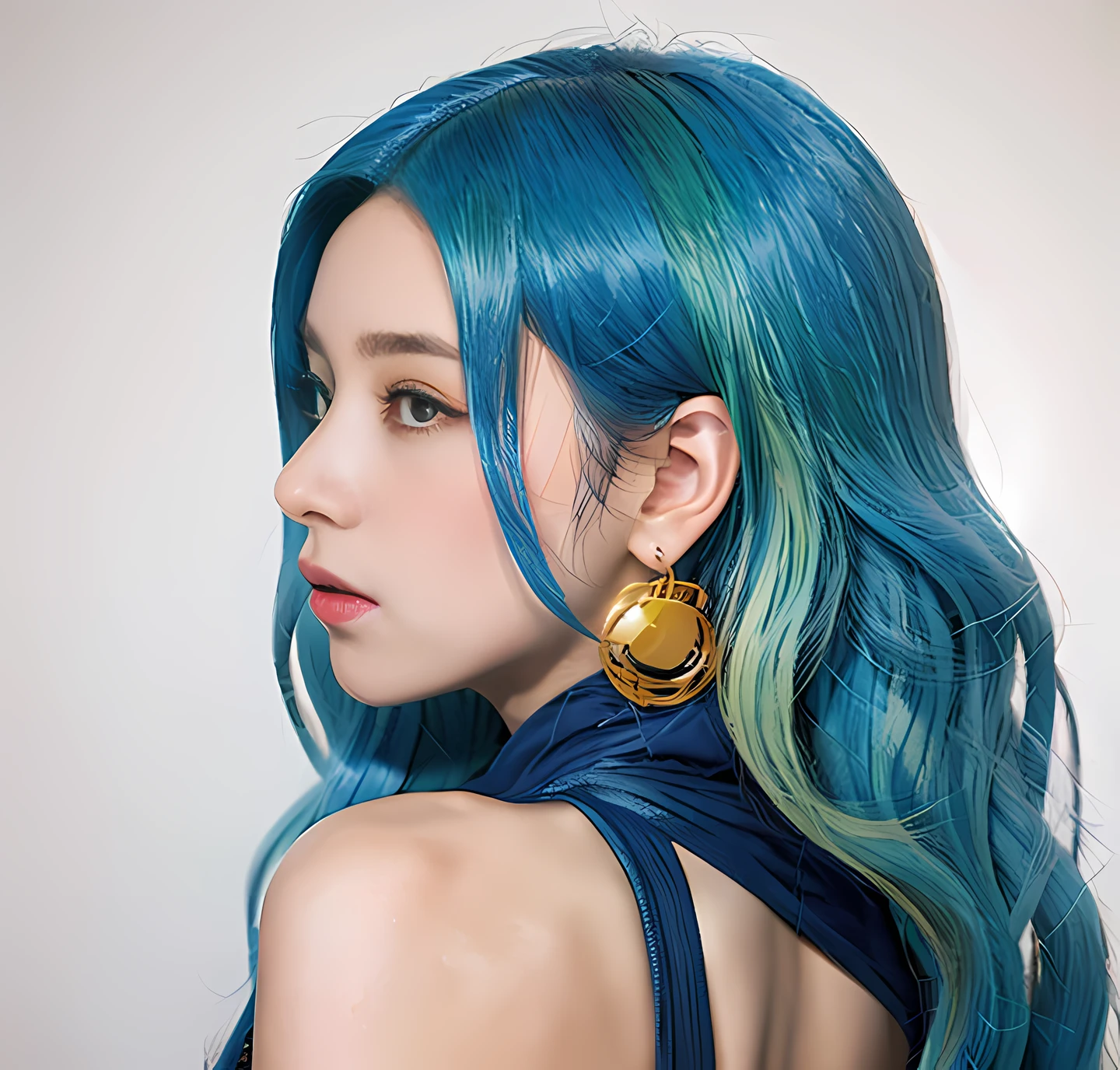 Anime characters walk into reality, a girl with blue hair and a pair of earrings, profile of anime girl, anime girl with long hair, beautiful anime portrait, perfect girl with white hair, anime vision for cute girl, white hair, long white hair, long white hair, anime girl with blue-green hair, beautiful anime style, anime girl with cosmic hair, blue hair girl