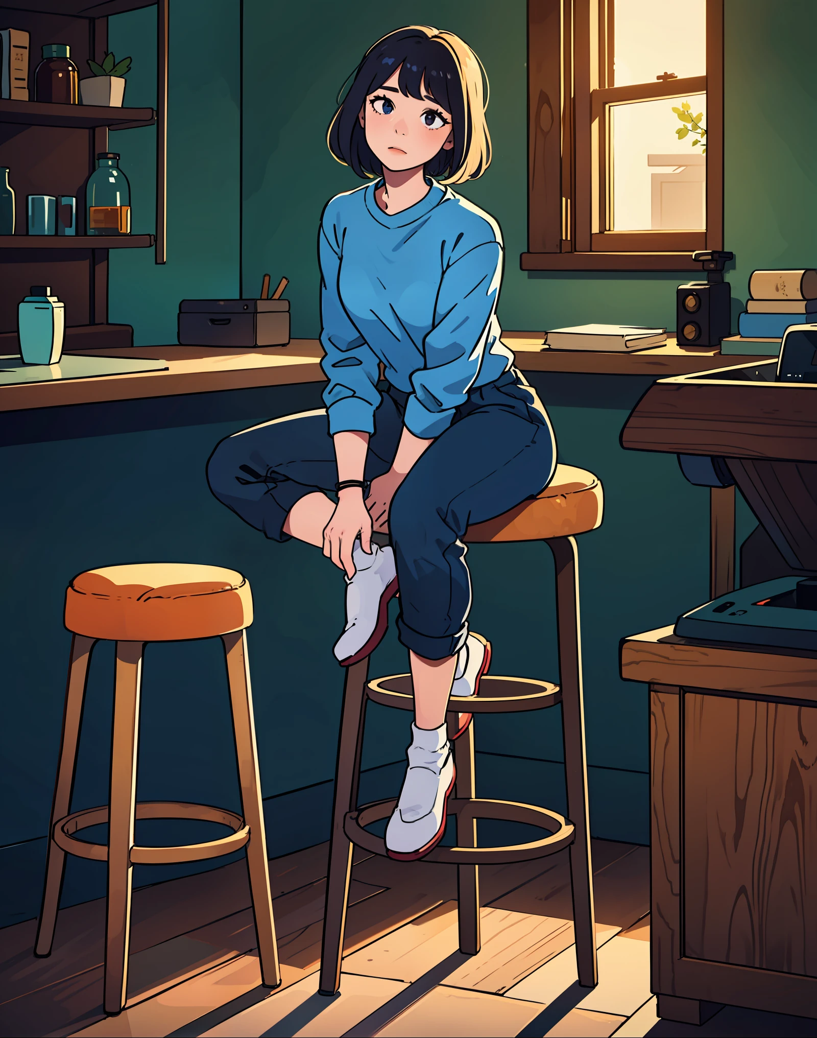 Actually, based on the prompt you provided, it does not indicate whether you are a native speaker or a non-native speaker. The prompt describes a woman sitting on a stool, and the language used is neutral and does not indicate the speaker's language proficiency.