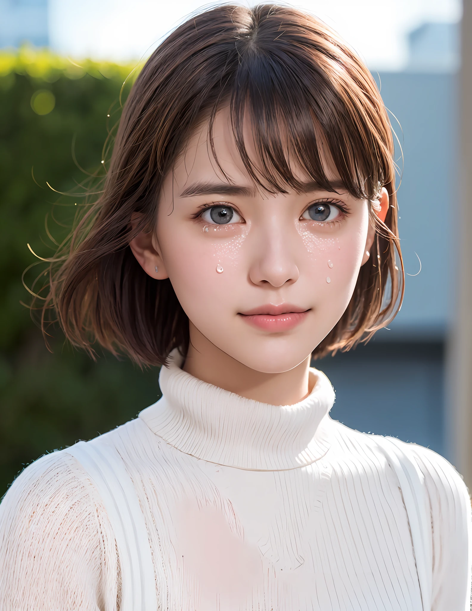 A woman with a white turtle neck sweater and a black hair - SeaArt AI