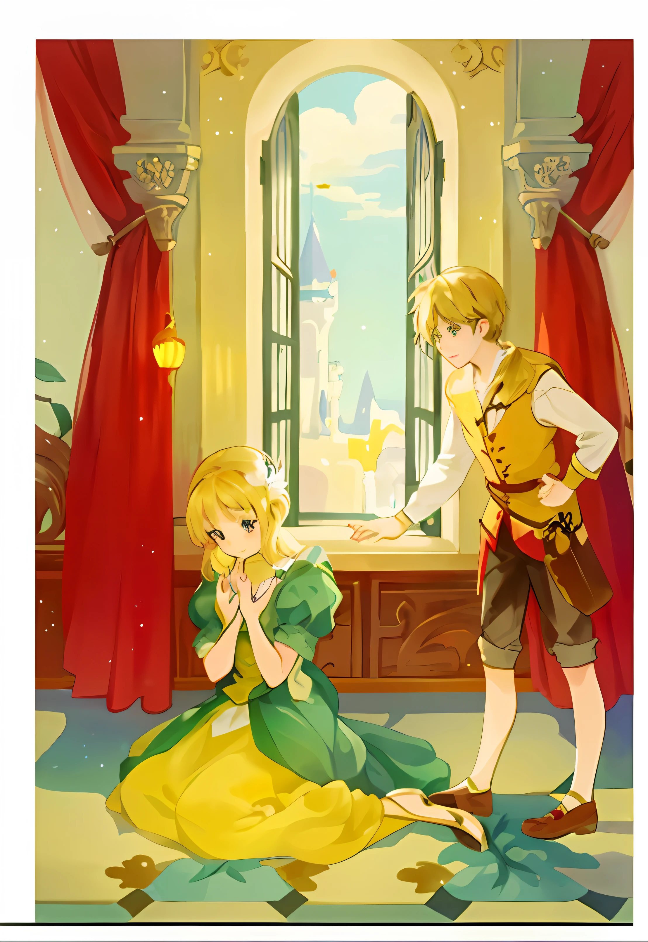 Close up of a picture of a man holding white high heels and a woman sitting on the ground, storybook illustration, storybook illustration, storybook illustration, fairy tale illustration style, cute storybook illustration, storybook illustration, fairy tale illustration, illustration! , blonde girl, Disney-style art