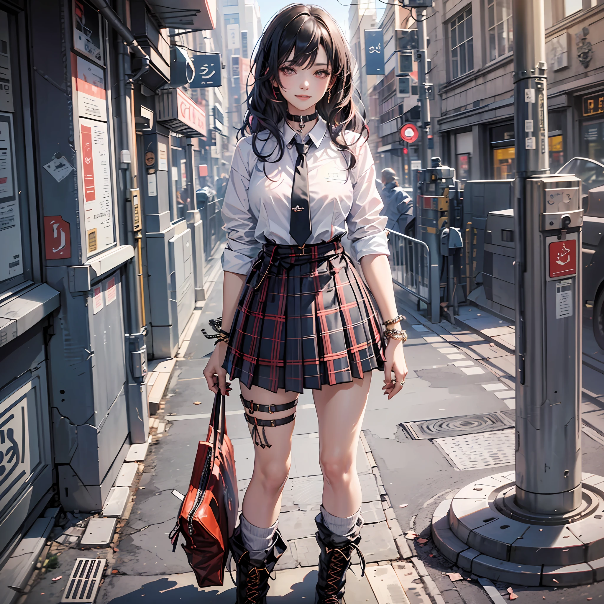 masterpiece, best quality, full body, 1girl, bangs, black choker, black necktie, black hair, blue skirt, blush, bracelet, breasts, choker, clothes around waist, collarbone, collared shirt, cowboy shot, dress shirt, ear piercing, eyebrows visible through hair, gradient hair, grin, gyaru, jewelry, kogal, long hair, looking at viewer, loose necktie, necktie, piercing, plaid, plaid skirt, pleated skirt, red eyes, ring, school uniform, shirt, skirt, smile, solo, white shirt, street, sky, cherry blossoms, petals,illustration, (magazine:1.3), (cover-style:1.3), fashionable, woman, vibrant, outfit, posing, front, colorful, dynamic, background, elements, confident, expression, holding, statement, accessory, majestic, coiled, around, touch, scene, text, cover, bold, attention-grabbing, title, stylish, font, catchy, headline, larger, striking, modern, trendy, focus, fashion, --auto --s2