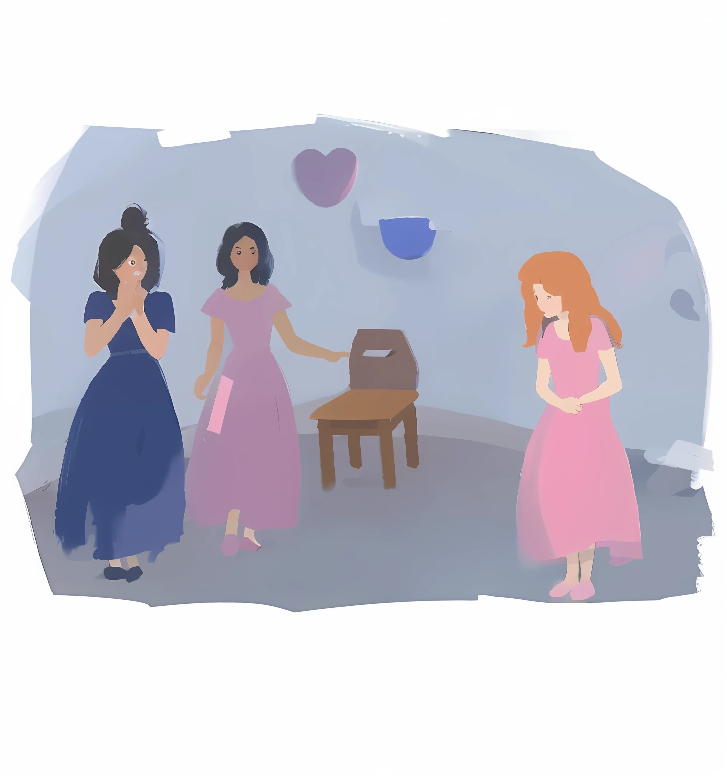 In the foreground is an orange-haired girl dressed in pink, and in the background are two black-haired girls with wide eyes, in a room with some furniture