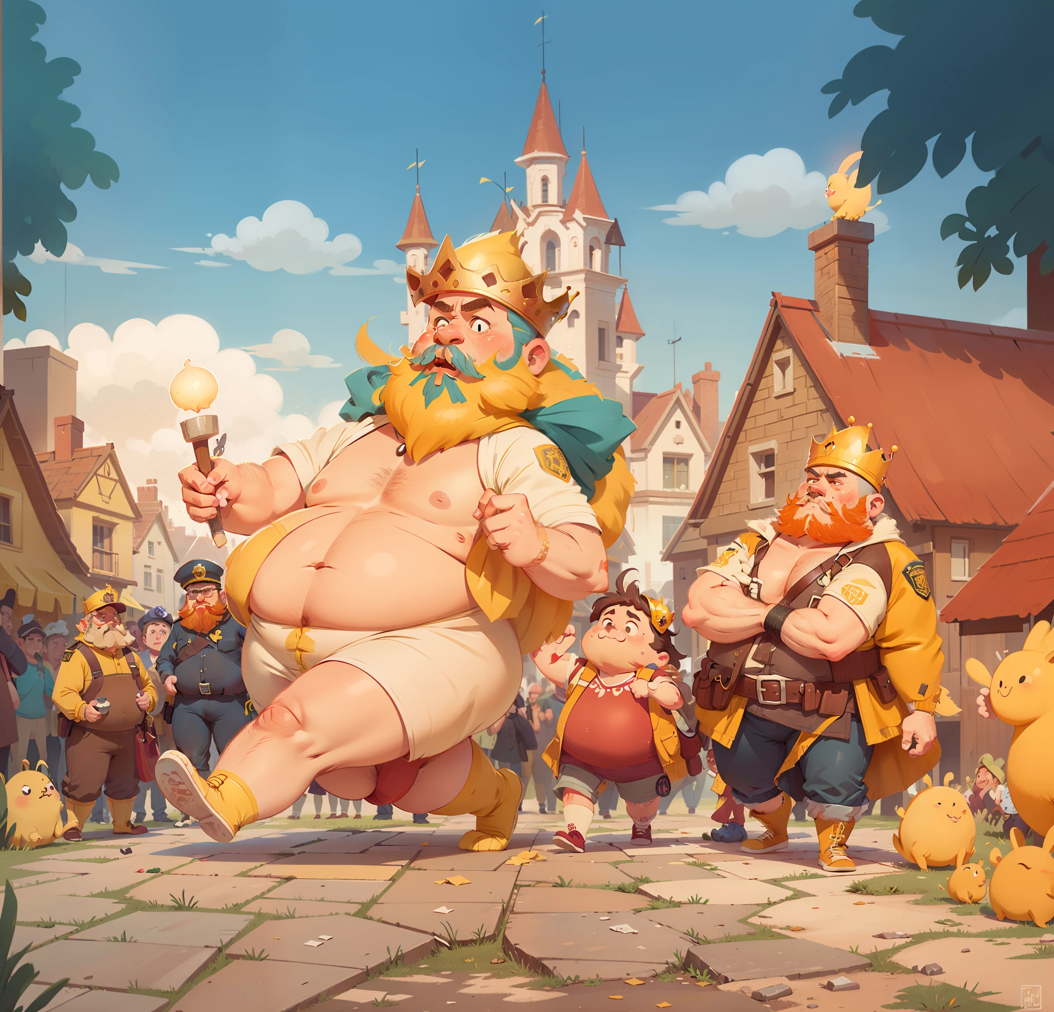 The fat king with a yellow beard on his naked body and a yellow beard walked down the street, followed by a guard, a masterpiece, and a crowd watched