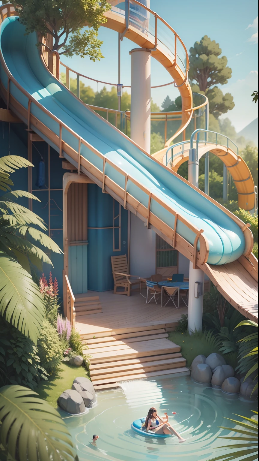 There is a poster with water park, water slide, water park, detailed 3D illustration, highly detailed watercolor 8 K, highly detailed 8K, water world, traditional art, commercial illustration, game illustration, modeling 3D art style, summer swimming party, featured art, official fan art, colorful