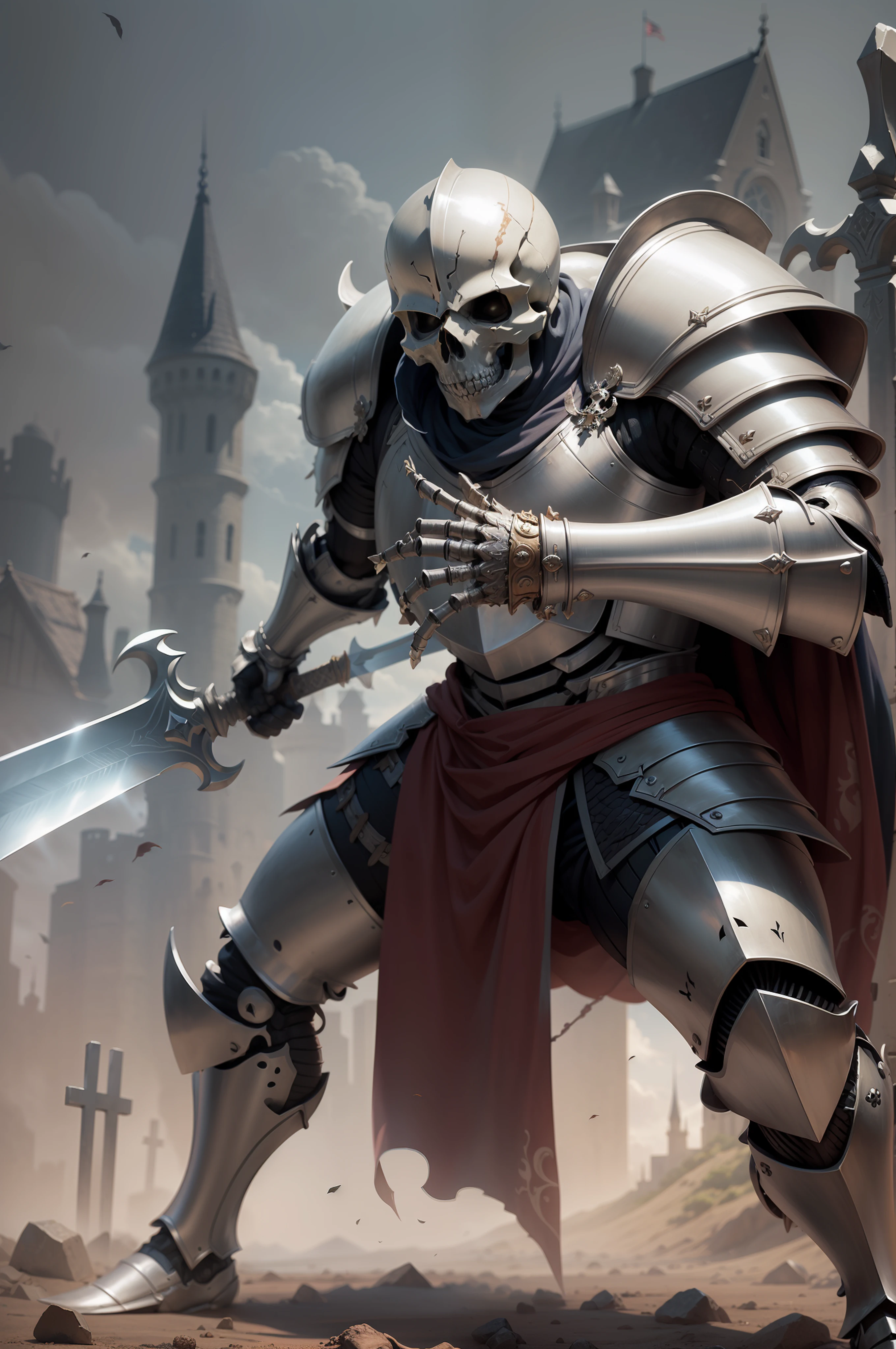 a armored skeleton knight, (knight (only skull and bones, skeleton, armor, sword)), horor, grave, castle, realistic, pose, fighting pose