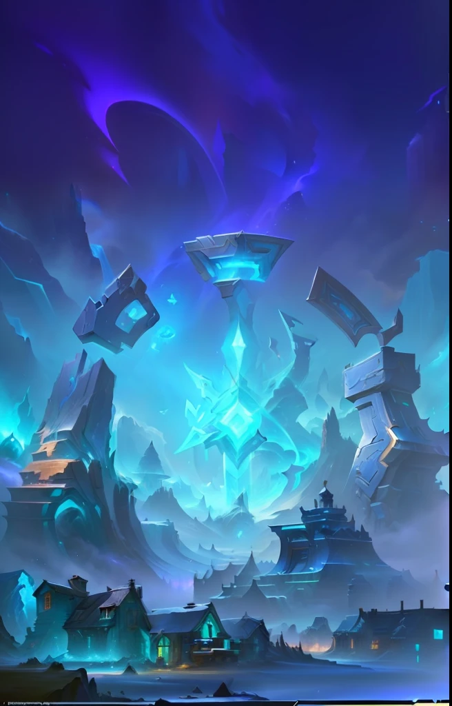 there is a picture of a futuristic looking landscape with a blue sky, heartstone original art style, odin's stone arena background, 8k hd wallpaperjpeg artifact, 8 k hd wallpaperjpeg artifact, splash screen art, blizzard hearthstone concept art, official splash art, hearthstone concept art, stunning arcanum backdrop, stylized concept art, background art