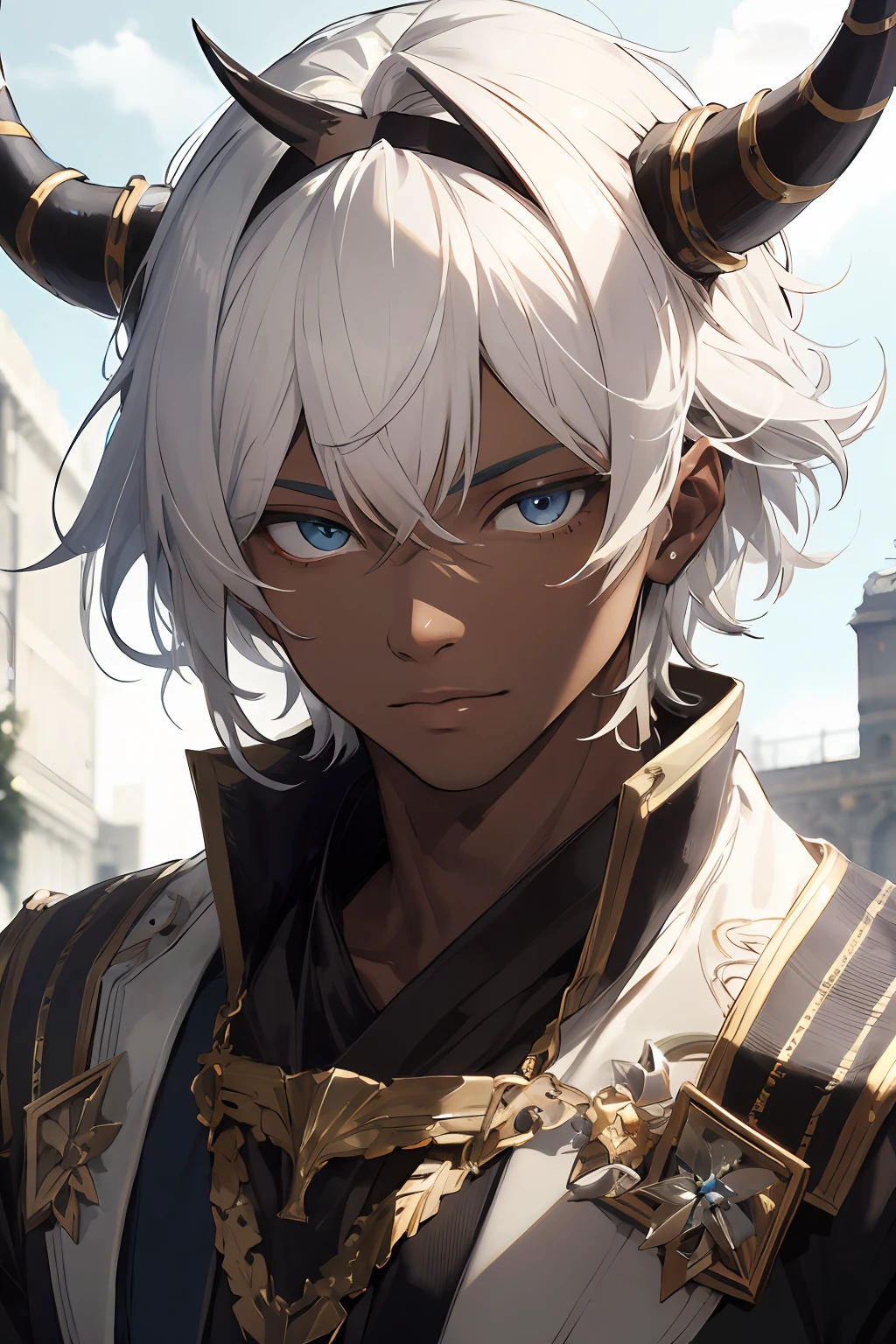 absurds,Hi-Res,super-detailed,official arts,Unified 8k wallpapers,super-detailed,Beauty and aesthetics,Obra-prima,best qality,short white colored hair,Dark skin,There are horns on the head,Cute and handsome boy