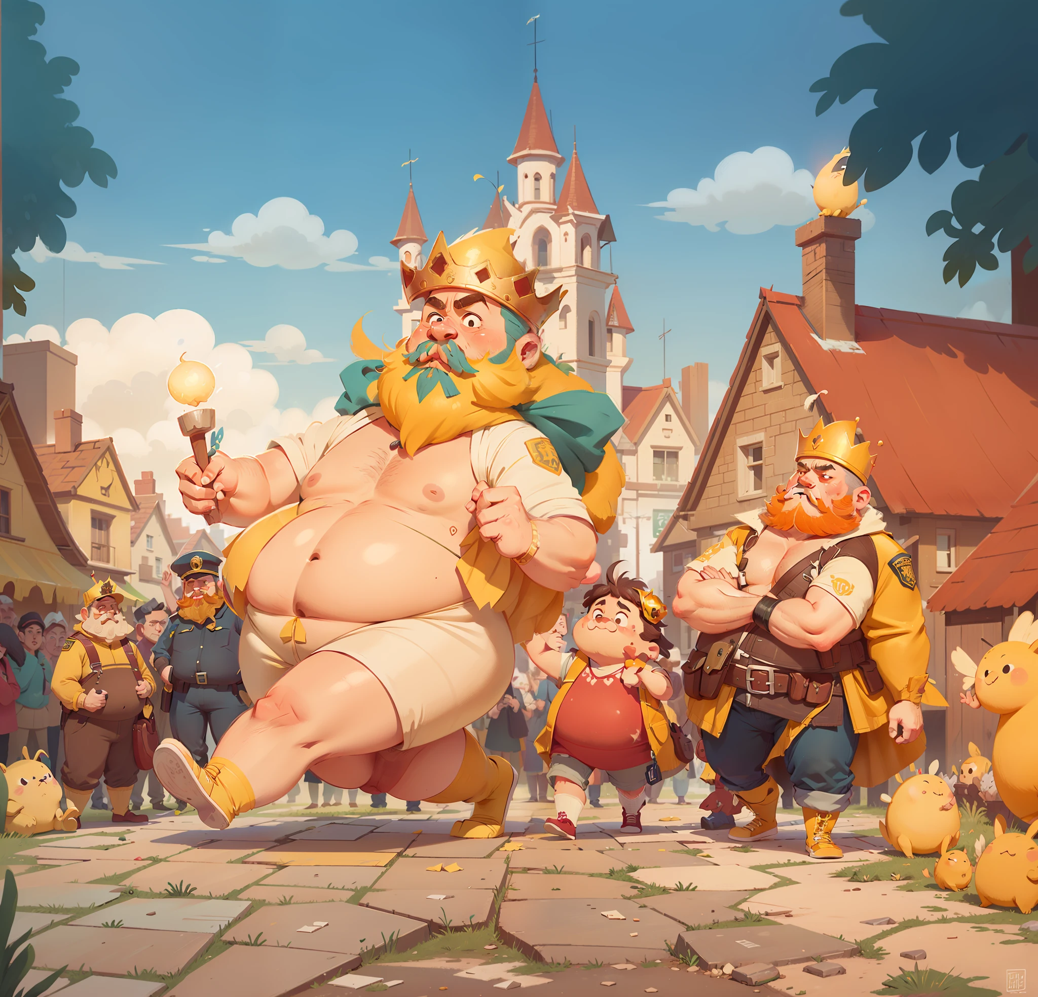 The fat king with a yellow beard on his naked body and a yellow beard walked down the street, followed by a guard, a masterpiece, and a crowd watched