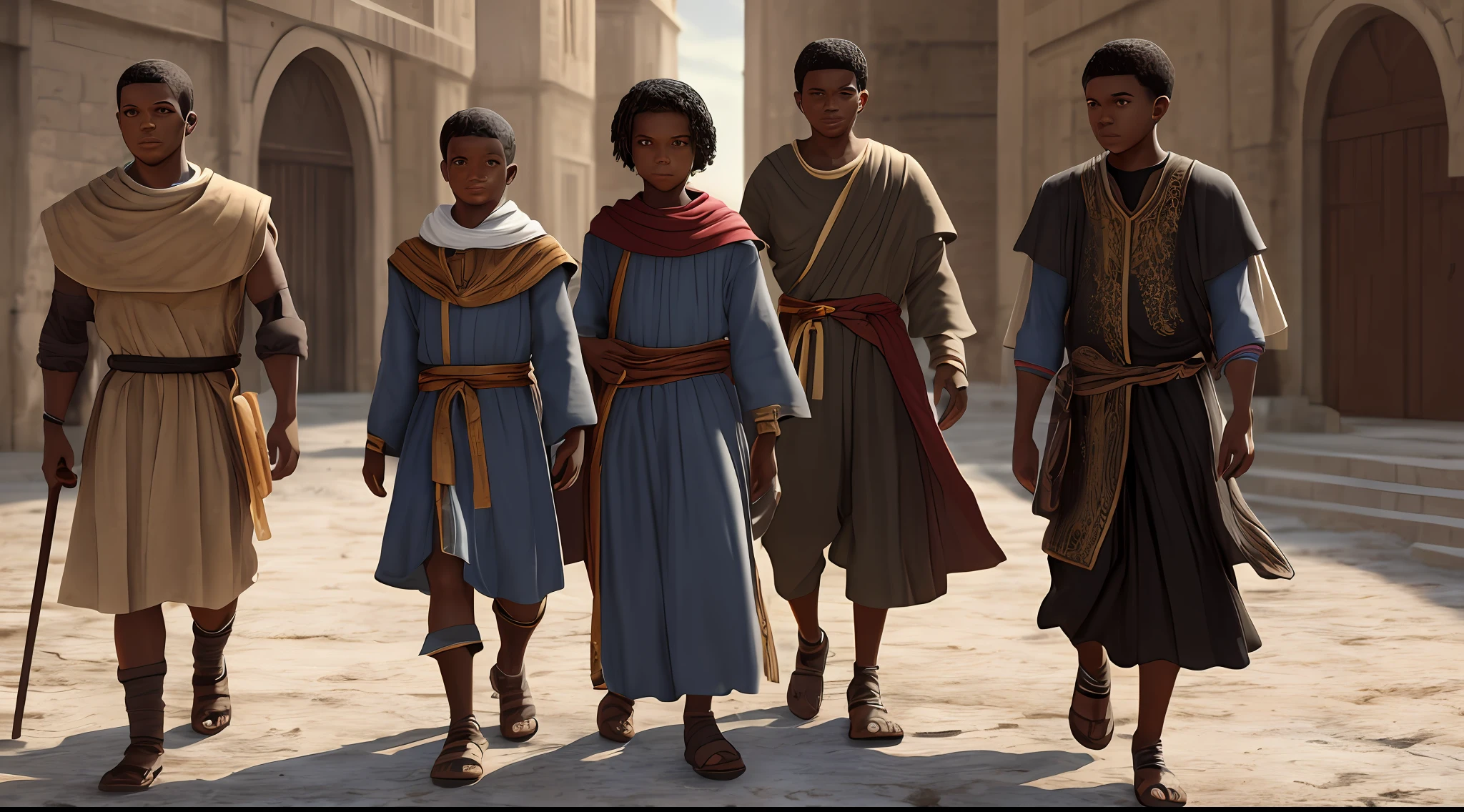 Black children with clothes from biblical times, biblical clothes, 8k, ultra realistic
