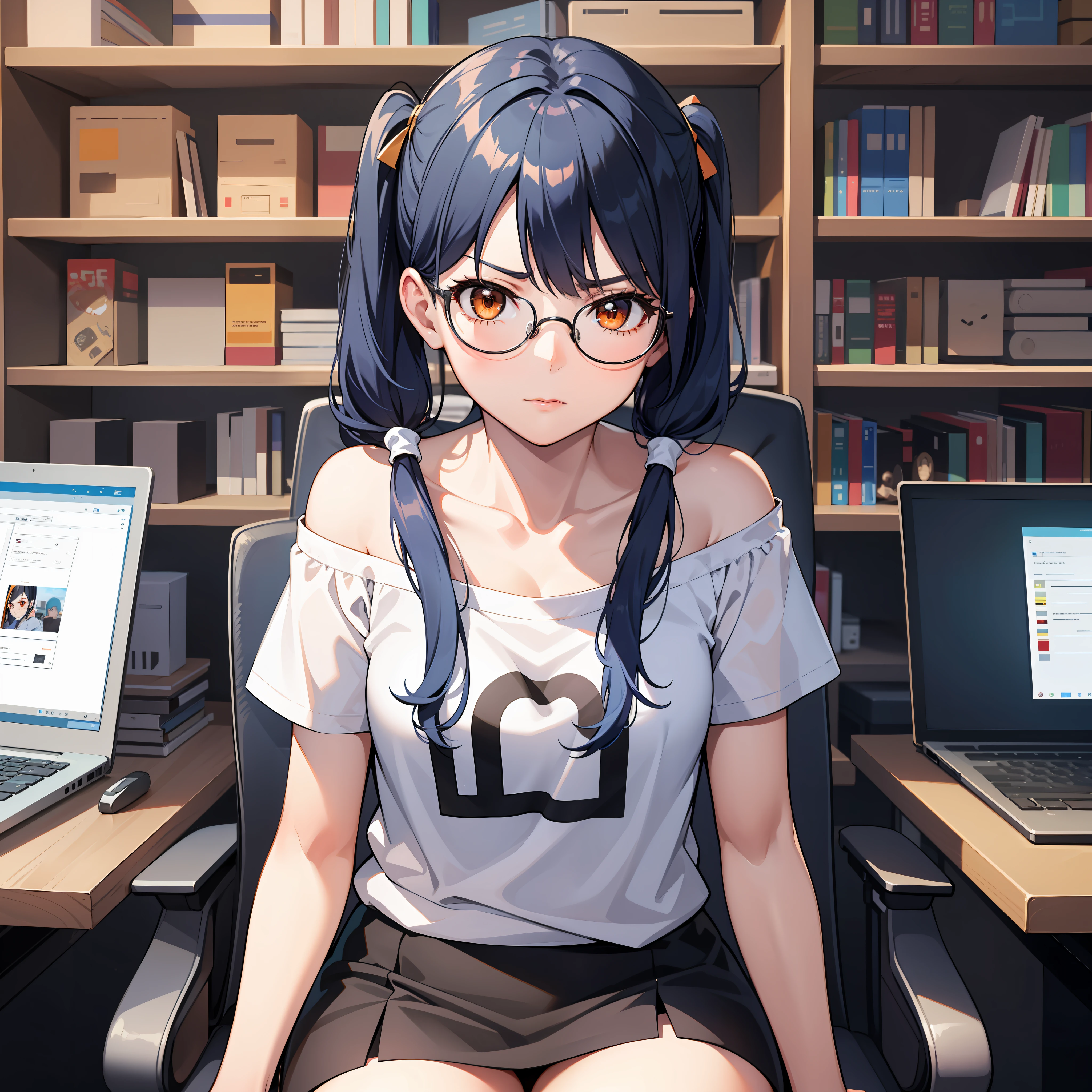 Thirty year old woman, serious Expression, short blue hair With white lines In the middle, in two pigtails, orange eyes, wearing transparent glasses, T-shirt with off shoulder, black miniskirt, stocking, Sit on the chair, Computer room, close up