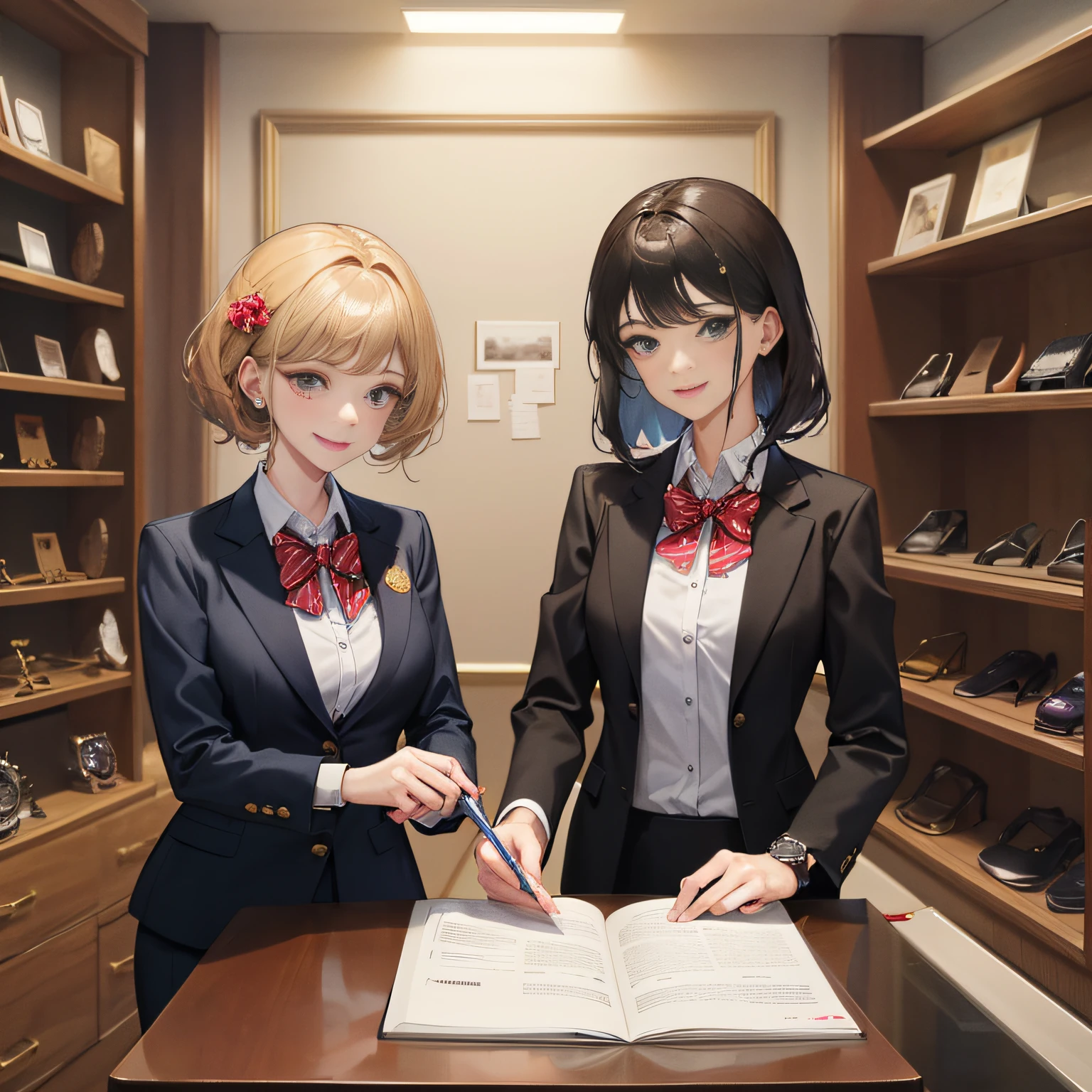 The best watch shop masterpiece, the best picture quality, slimming, professional female clerk serving with a smile, wearing a professional suit.