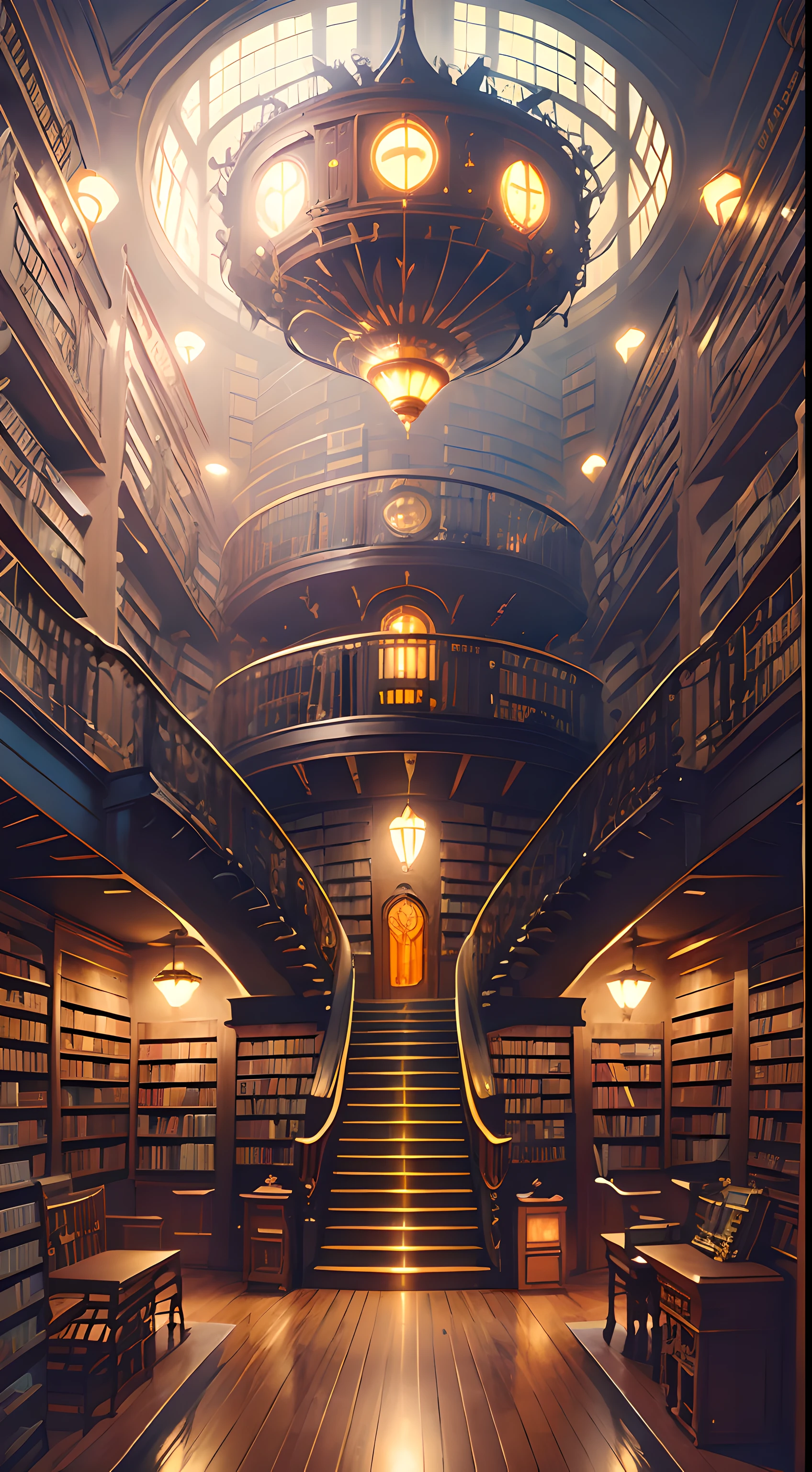 Create a ((massive)) (((steampunk library))) interior with multiple levels and elven influences. The ornate library is grand and awe-inspiring with saturated colors, sharp focus, and a fantasy steampunk ambience. The wood in the library should be very dark cherry wood with gilded copper accents. Include stained glass and beautiful books. Use many small details and enhance the fantasy aura of the image. The books should be highly detailed and be different colors and different sizes. Utilize ambient lighting to dramatic effects and create visual interest and depth of field. Include lots of copper detailing and polished fixtures. Intimate but grand and impressive. Hires, 8k, hyperrealistic, extremely detailed, ultra-detailed, cool steampunk accents. Camera: wide shot showing multiple levels, lots of bookcases, and steampunk staircases and dirigibles. In the style of Stanislav Vovchuk and midjourney beeple. Lighting: warm lighting