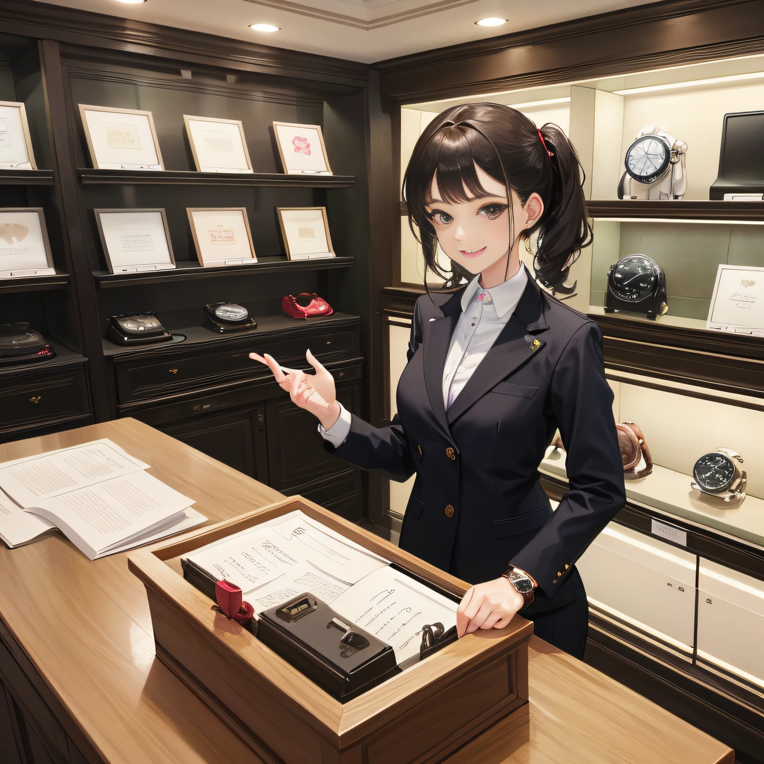 The best watch shop masterpiece, the best picture quality, slimming, professional female clerk serving with a smile, wearing a professional suit.