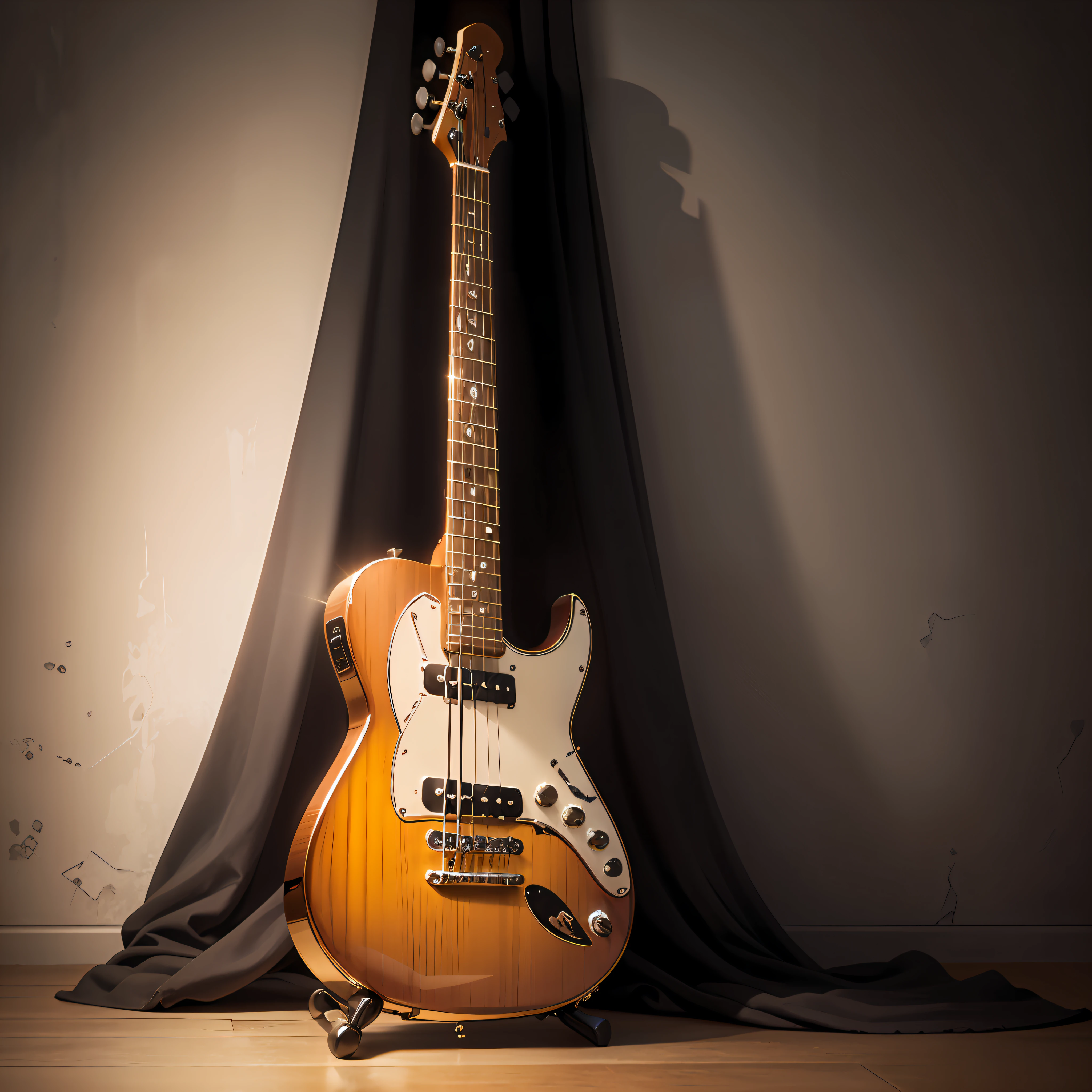 a golden guitar, with a lot of shine, against bass, realistic realism. portrait, black background. portrait. --auto