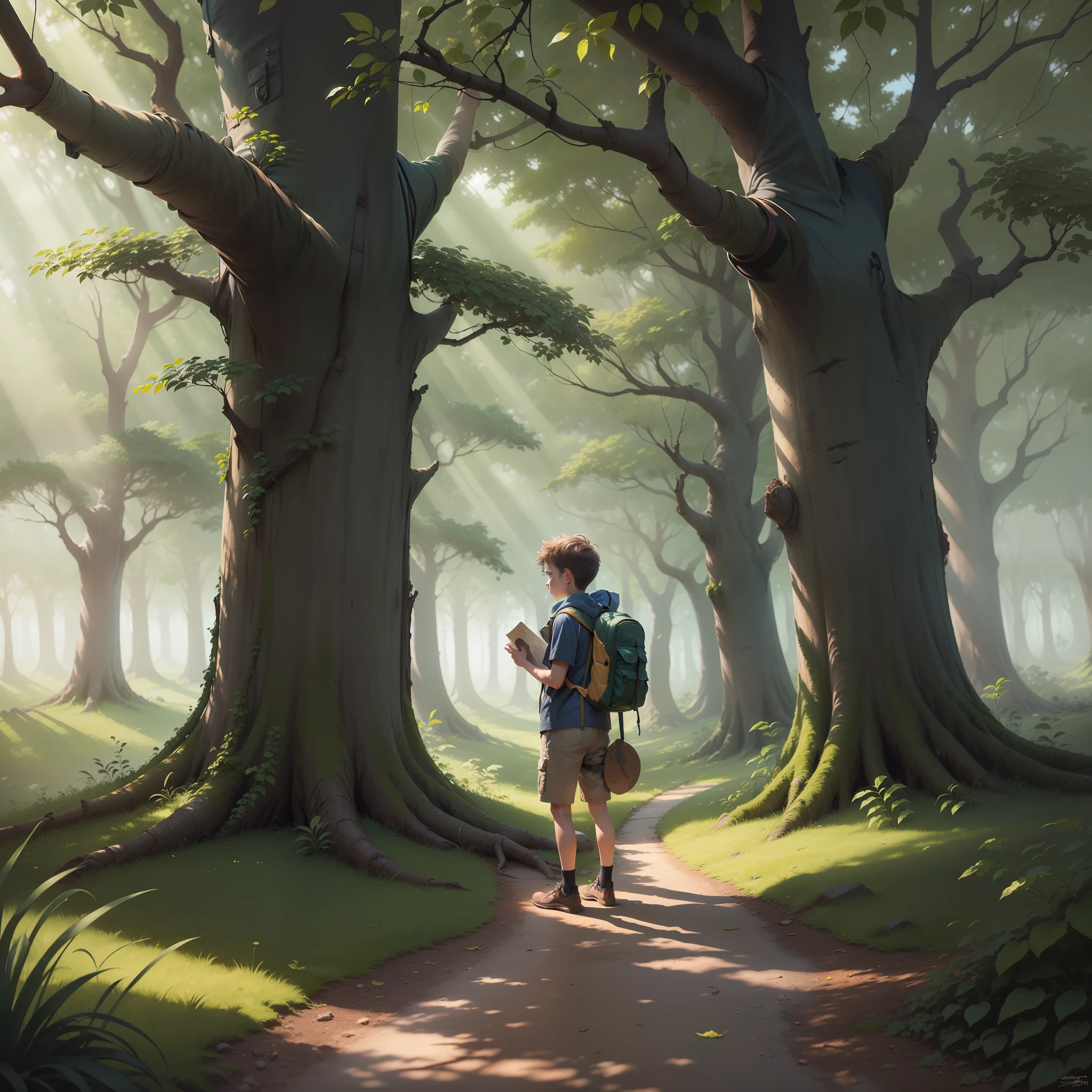 (((an extremely detailed boy, with faded brown backpack standing at the entrance of a forest))) mystical and enchanted. He is dressed in simple clothes, (((carrying a worn backpack))) which shows signs of previous adventures. In his hands, he holds an old map, with carefully drawn details.
The surrounding forest is lush, with tall, towering trees that seem to hide ancient secrets. Sunbeams filter between the leaves, creating a play of light and shadows. Wild and colorful plants grow along the way, adding a touch of magic to the landscape. The boy looks expectantly at the forest, his face overflowing with curiosity and courage.