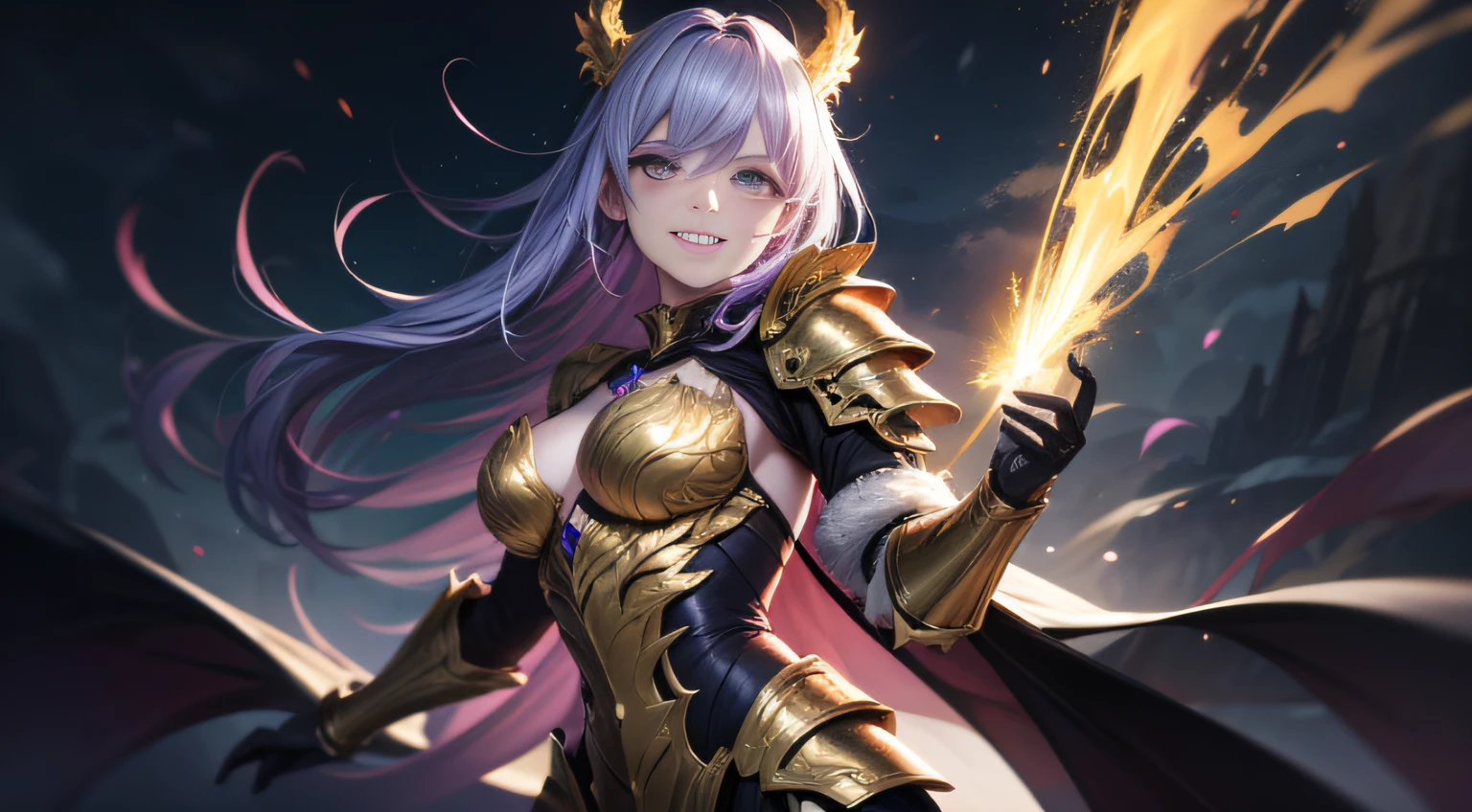 dark gold armor, female, dark red dragon horn, five-clawed golden dragon background, fire effect, thunder effect, purple hair, gradient eyes, grin, high detail, anime, cinematic lighting, glowing light, god ray, reflected light, backlight, projection illustration, uhd, masterpiece, ccurate, textured skin, super detail, best quality, high resolution, award-winning