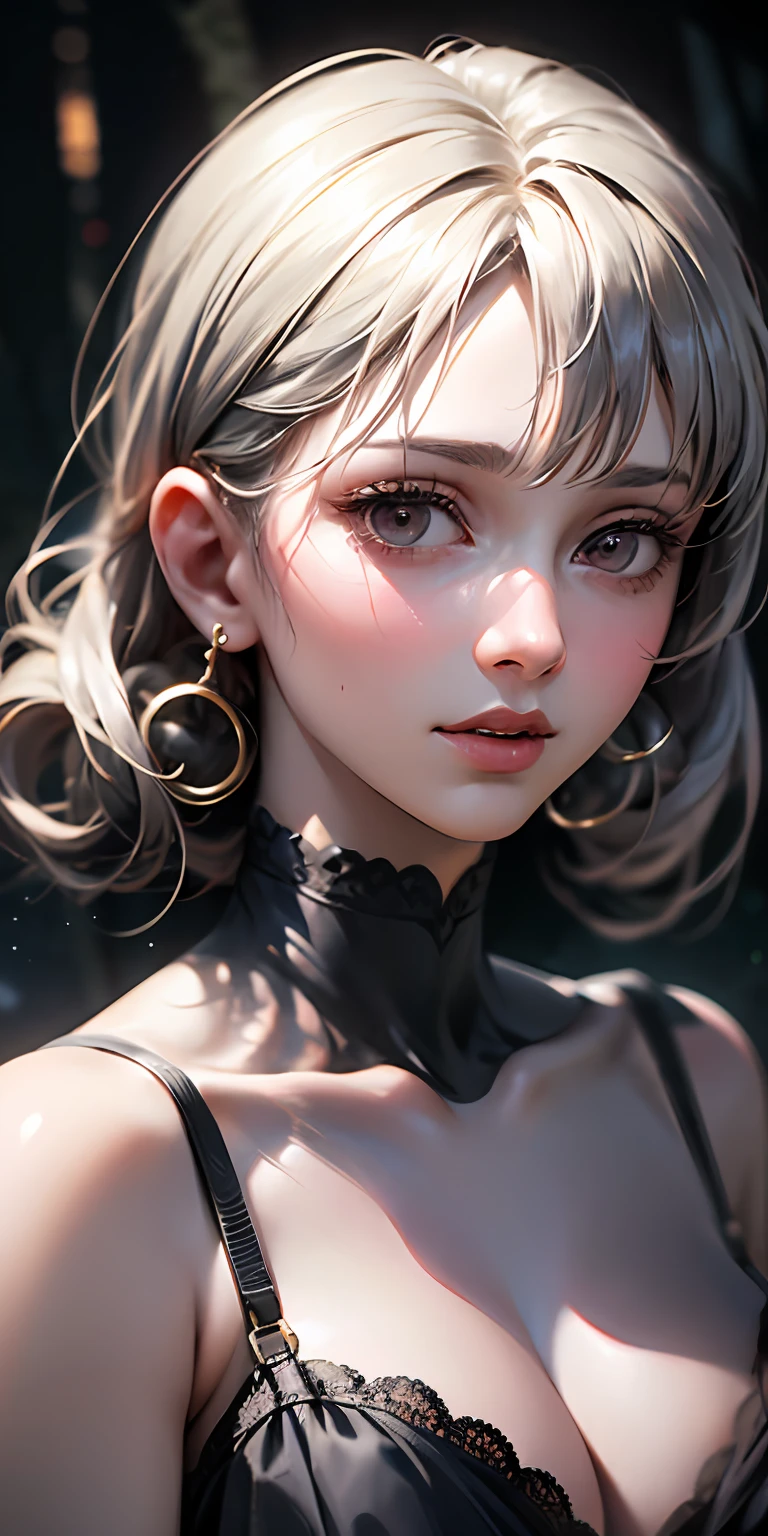 (Super Realistic: 1.3), (Masterpiece: 1.4), Best Quality, ((Real)), High Quality, Ultra Detailed, ((Real Image)), ((Realistic Skin)), ((Realistic Face)), High Detail, Photoreal, 8K, High Nose, Detailed Skin, Detailed Eyes, Detailed Eyes, Beautiful Shaped Breasts, Moonlight, Gentle Light, Perfect Starry Sky, In the Forest, Beautiful Girl, Plain Dress, Simple Dress, Thin Fabric Dress, Dress with little fabric, (long eyelashes: 1.4), lower eyelashes, black eyeliner, short bob, full body, perfect figure, silver accessories, simple accessories, lots of accessories, small breasts, open chest, pink hair, ghibli, firefly light, soap bubbles, wide angle lens, high performance camera