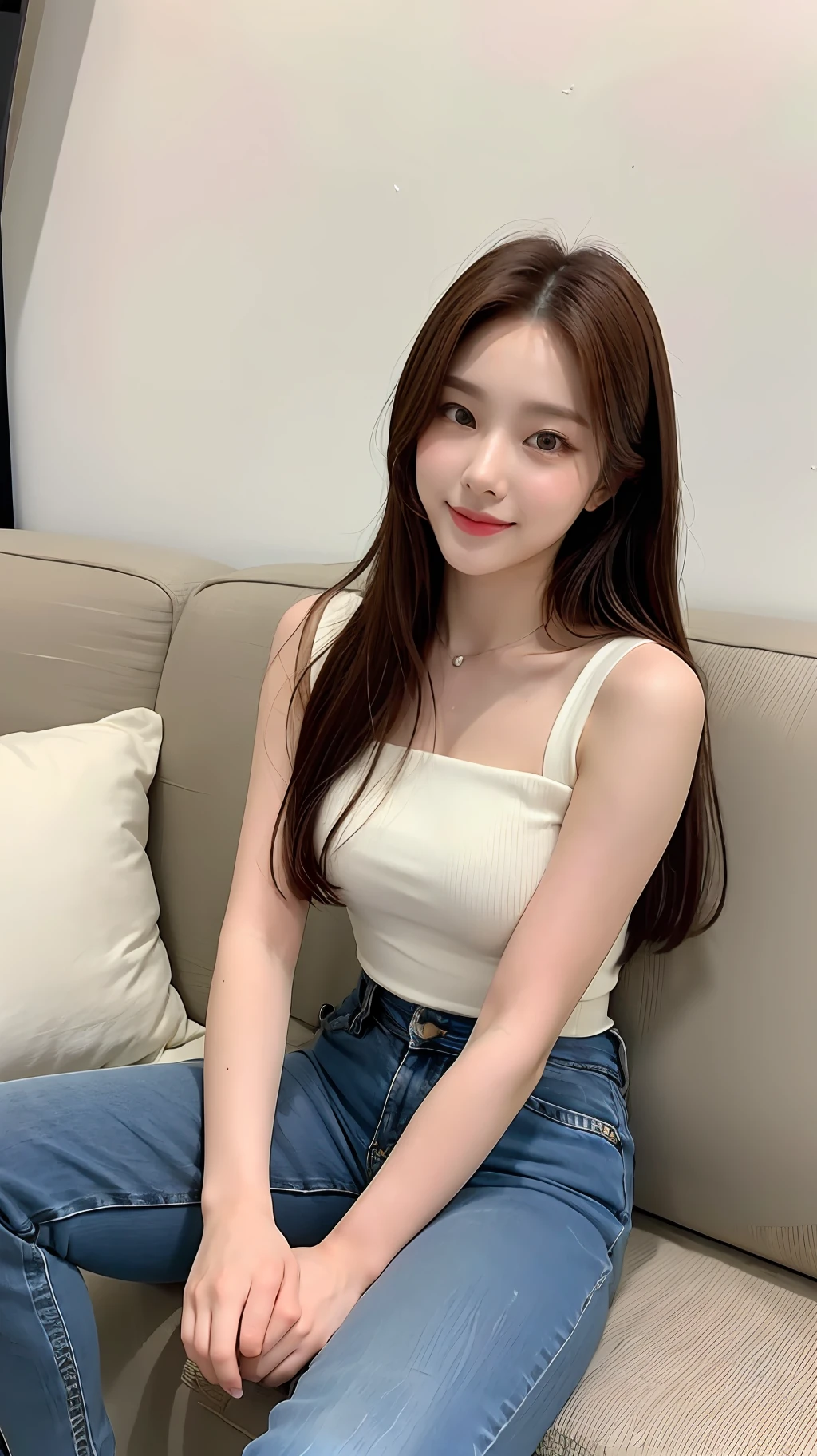 A beautiful girl about 20 years old, brown hair, delicate facial features, peerless beauty, wearing a pink and white French high-waisted top, wearing blue jeans, sitting on the sofa, full body photo