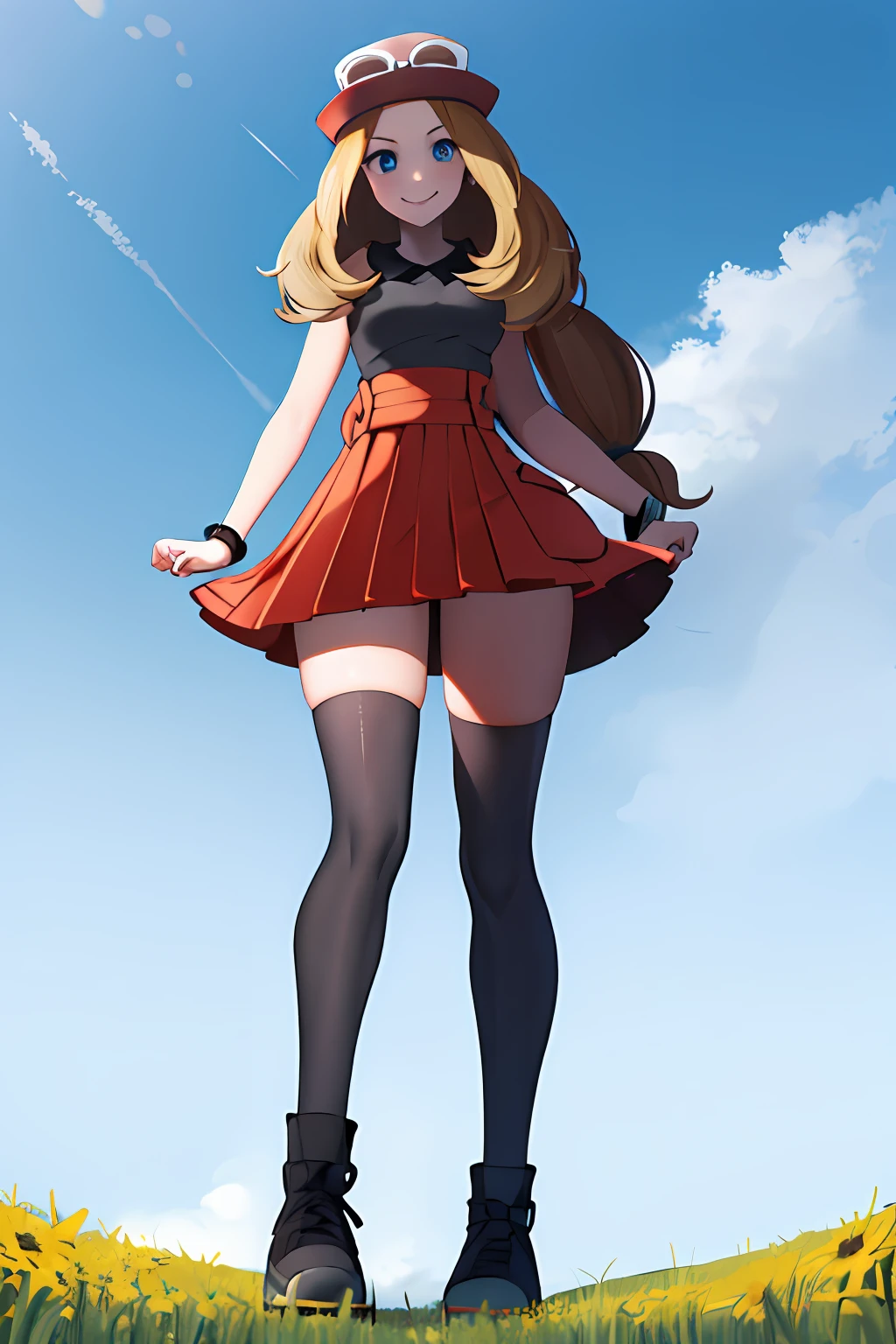 masterpiece, best quality, highres, blue eyes, serena \(pokemon\), 1girl, solo, thighhighs, long hair, hat, jewelry, bracelet, black thighhighs, collared shirt, pleated skirt, red skirt, sleeveless, high-waist skirt, sleeveless shirt, eyelashes, pink headwear, black shirt, eyewear on headwear, (full body:1.5), giantess, smile, (from below:1.5), thick thighs, looking down at viewer, upskirt, character_pokemon_serena, gts, large breasts, field, looming, mature female, walking