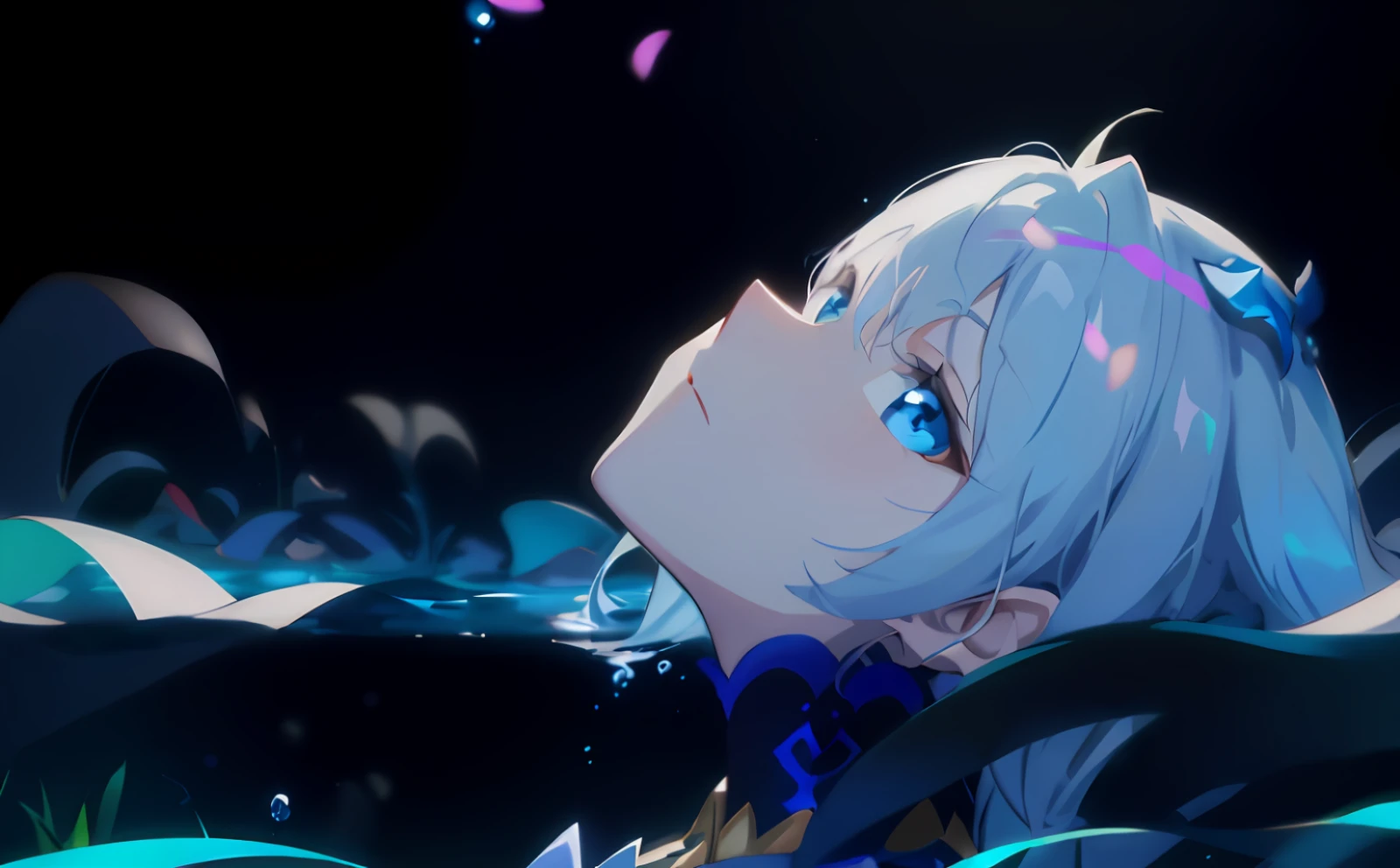 Anime girl with long hair with blue eyes in the sea, looking at the audience, best anime 4k konachan wallpaper, anime blue water wallpaper, anime art wallpaper 4k, anime art wallpaper 4k, anime art wallpaper 8K, 4K anime wallpaper, anime style 4K, anime wallpaper 4K, anime wallpaper 4K, rem Cree zero, glossy anime land, ((masterpiece)), (((bestquality)), ((super detailed)), ((illustration)) , dynamicangle, ((solo:1.4)) 1girl,kimono,(cowboy shot:1.4), long hair, light simle,light bush, ((bubble)), (solo:1.2), (reflective water: 1.2), ((partially underwater shooting)), ripples, floating flowers, flowers, glowing butterflies, ((water)), caustics, moon, blue theme, ((lying)), nose, (realistic), 8k wallpaper, masterpiece, cinematic lighting, top quality, illustration, dramatic angle, ((color: 1.1)), ((color inner hair: 1.4)), 1 girl, solo, long hair, water, blue eyes, ponytail, liquid hair, white hair, bangs, bangs, from the side, silhouette, upper body, blue hair, pink hair, bare shoulders, bare neck, collarbone, portrait, Between the hair, colorful hair