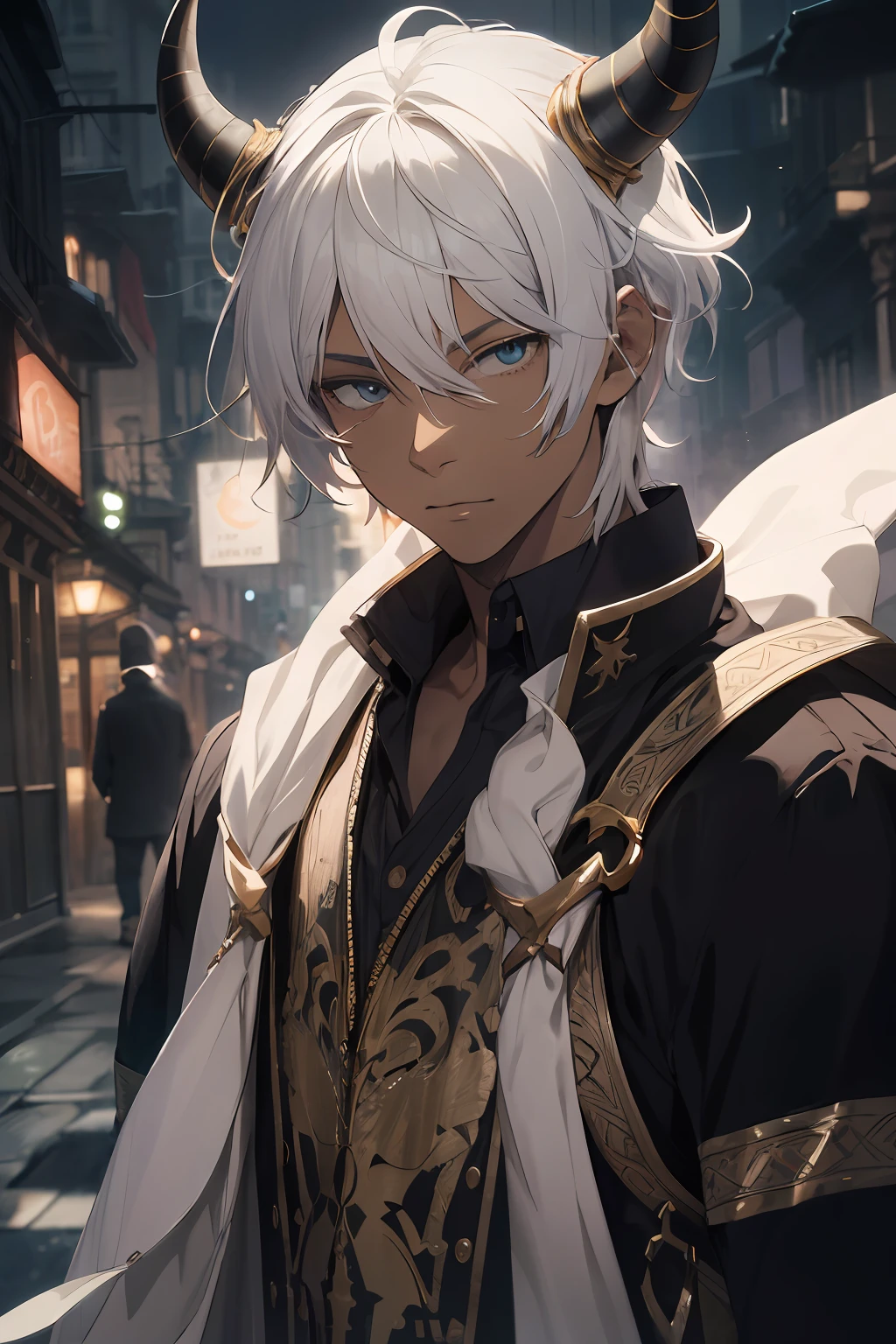 absurds,Hi-Res,super-detailed,official arts,Unified 8k wallpapers,super-detailed,Beauty and aesthetics,Obra-prima,best qality,short white colored hair,Dark skin,There are horns on the head,Cute and handsome boy