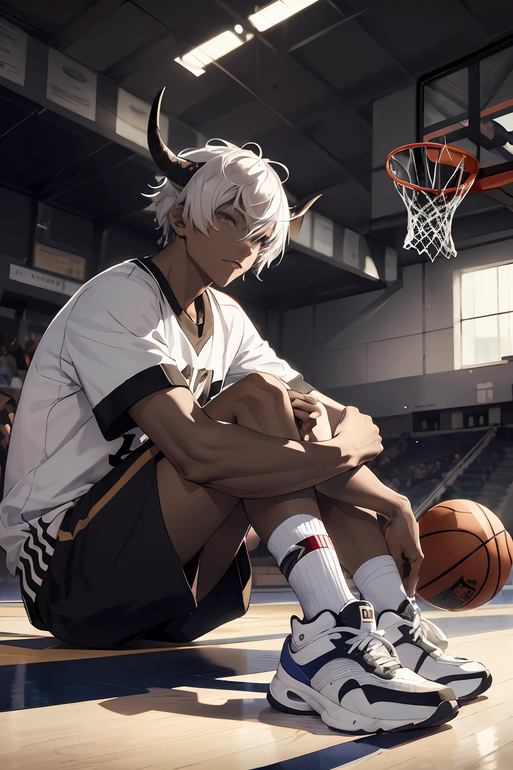 absurds，Hi-Res，Ultra-DETAILED，official arts，Unified 8k wallpapers，Ultra-DETAILED，Beauty and aesthetics，Obra-prima，best qality，short white colored hair，Dark skin，There are horns on the head，Cute and handsome boy，Wear a basketball jersey，Exercise Field