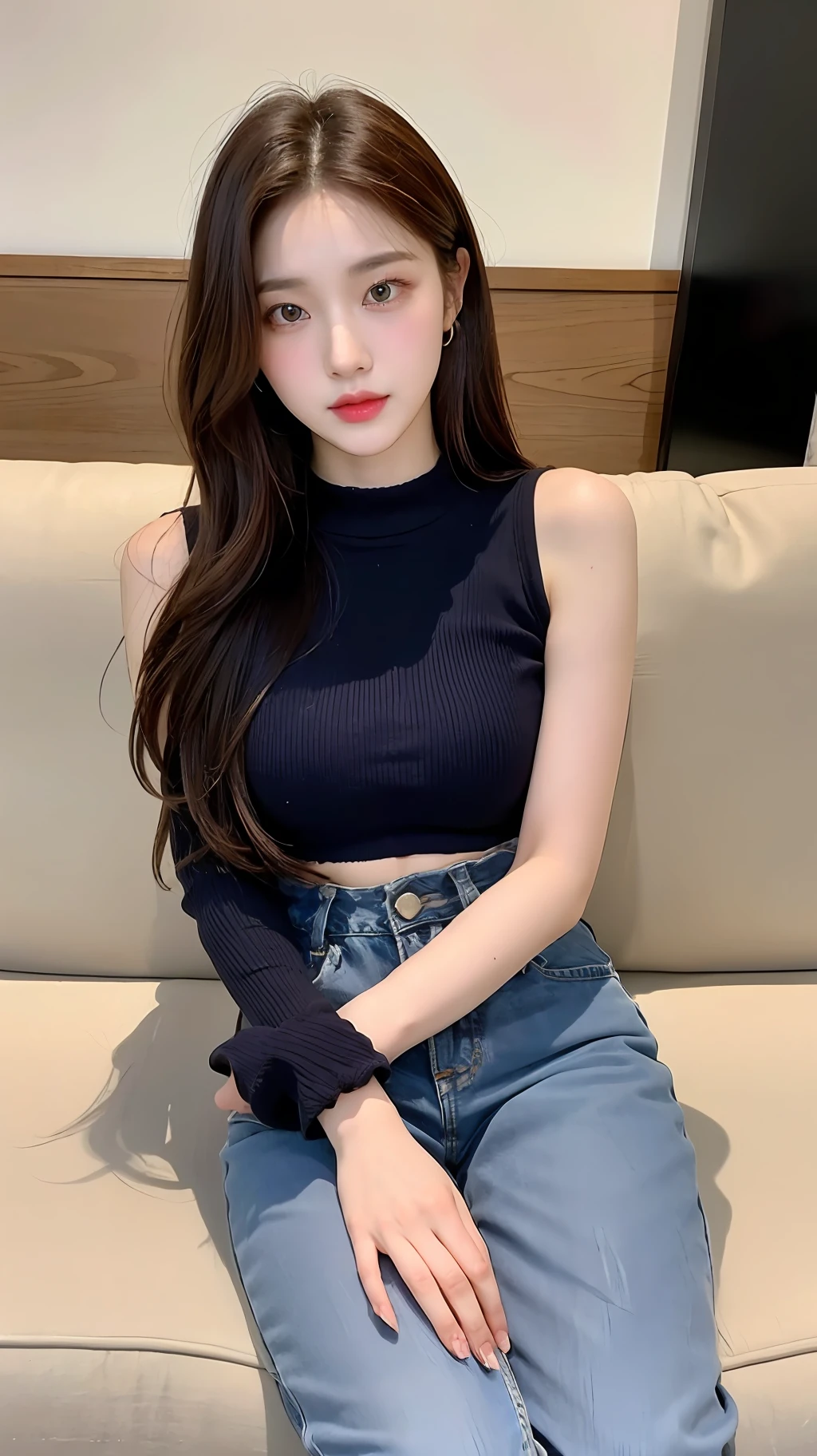 A beautiful girl about 20 years old, brown hair, delicate facial features, peerless beauty, wearing a pink and white French high-waisted top, wearing blue jeans, sitting on the sofa, full body photo