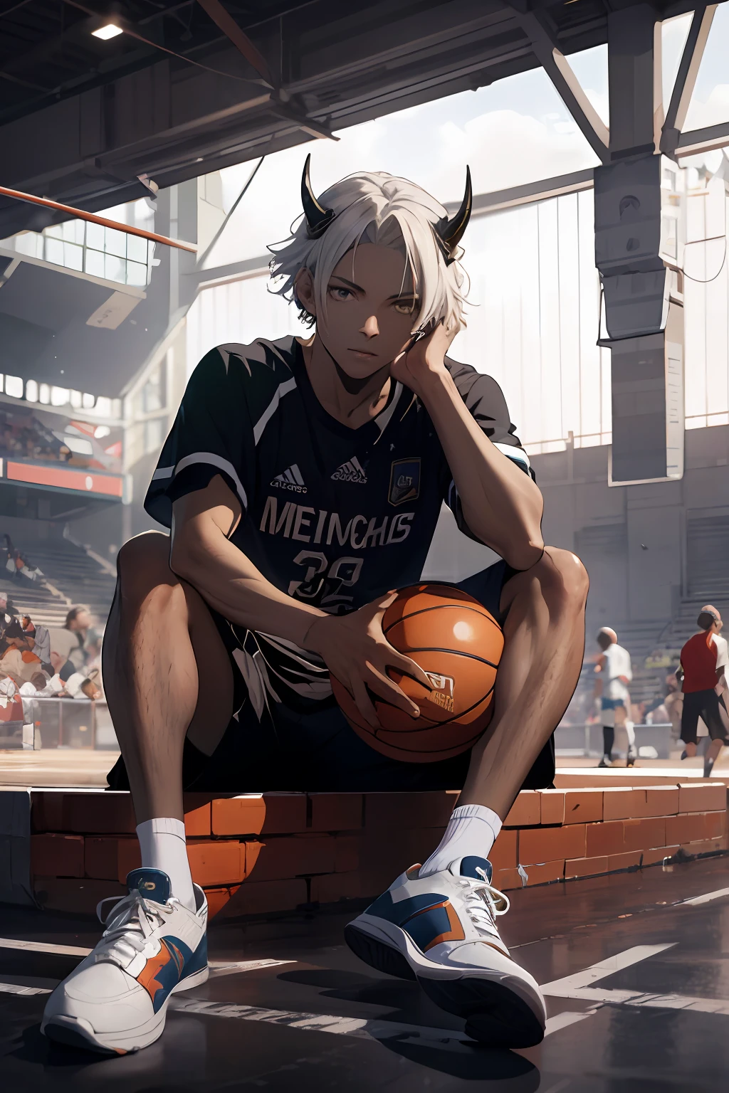 absurds，Hi-Res，Ultra-DETAILED，official arts，Unified 8k wallpapers，Ultra-DETAILED，Beauty and aesthetics，Obra-prima，best qality，short white colored hair，Dark skin，There are horns on the head，Cute and handsome boy，Wear a basketball jersey，Exercise Field