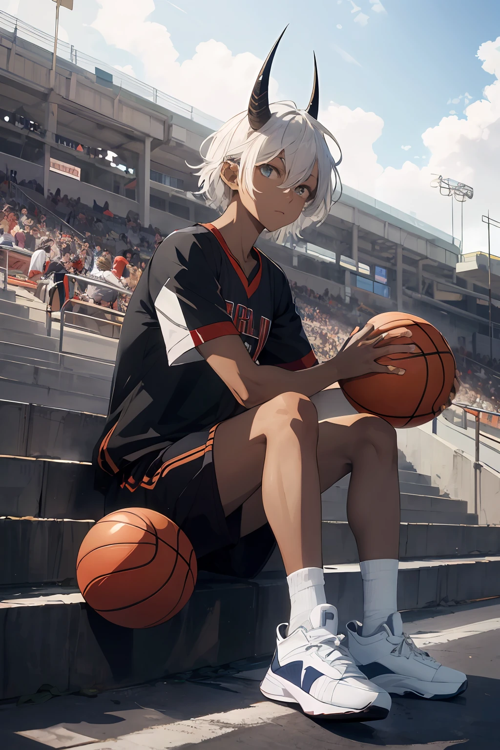 Absurd, high resolution, super detailed, official art, unified 8k wallpaper, super detailed, beautiful and aesthetic, Obra-prima, best quality, short white hair, dark skin, horns on the head, cute handsome boy, wearing basketball shirt, sports field, sneakers, sitting on the ground