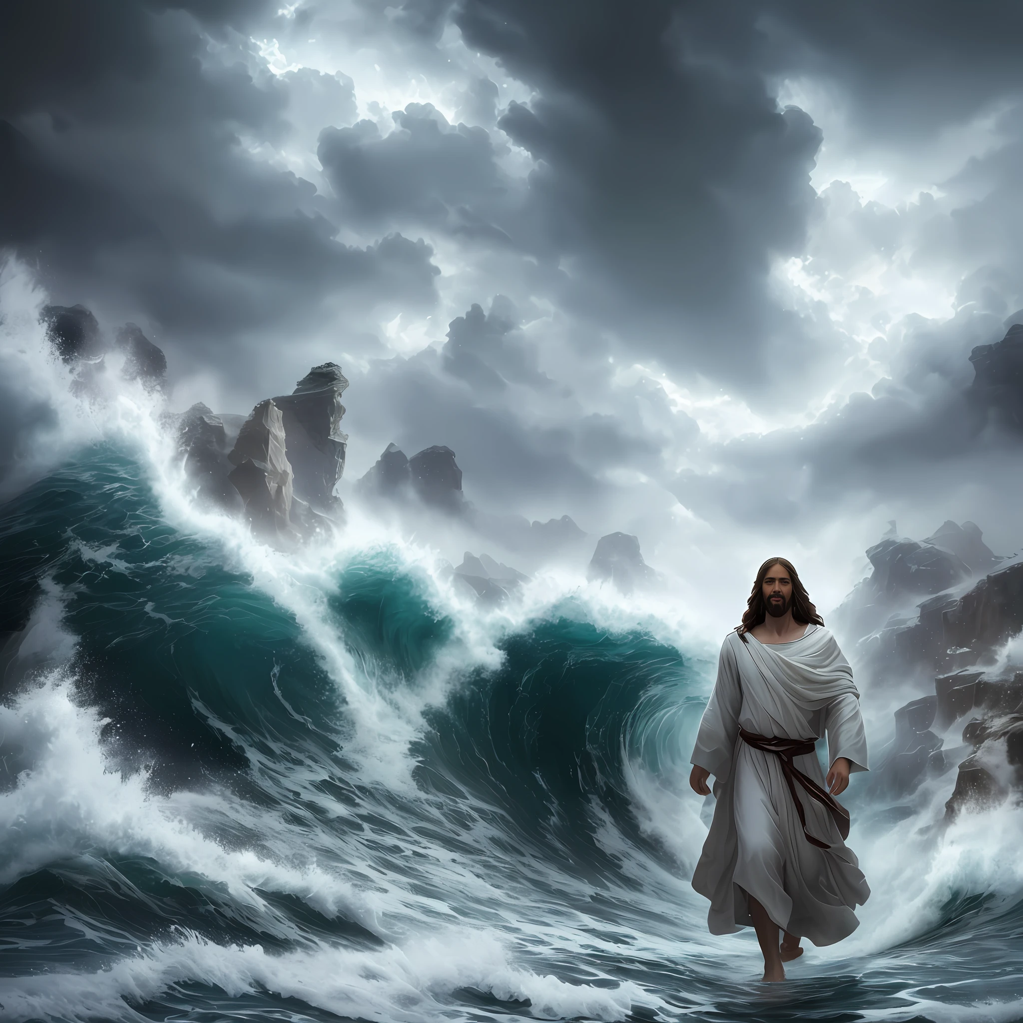 Jesus walks on the sea with big waves, Jesus walks on water, sea, storms, standing in a great whirlpool, in a rough sea with big waves, in magnificent biblical depictions, storms, pains, running in waves, it is running between storms, Lord and Savior, eschatological turbulent sea, Jesus Christ, facing the storm, real man,
