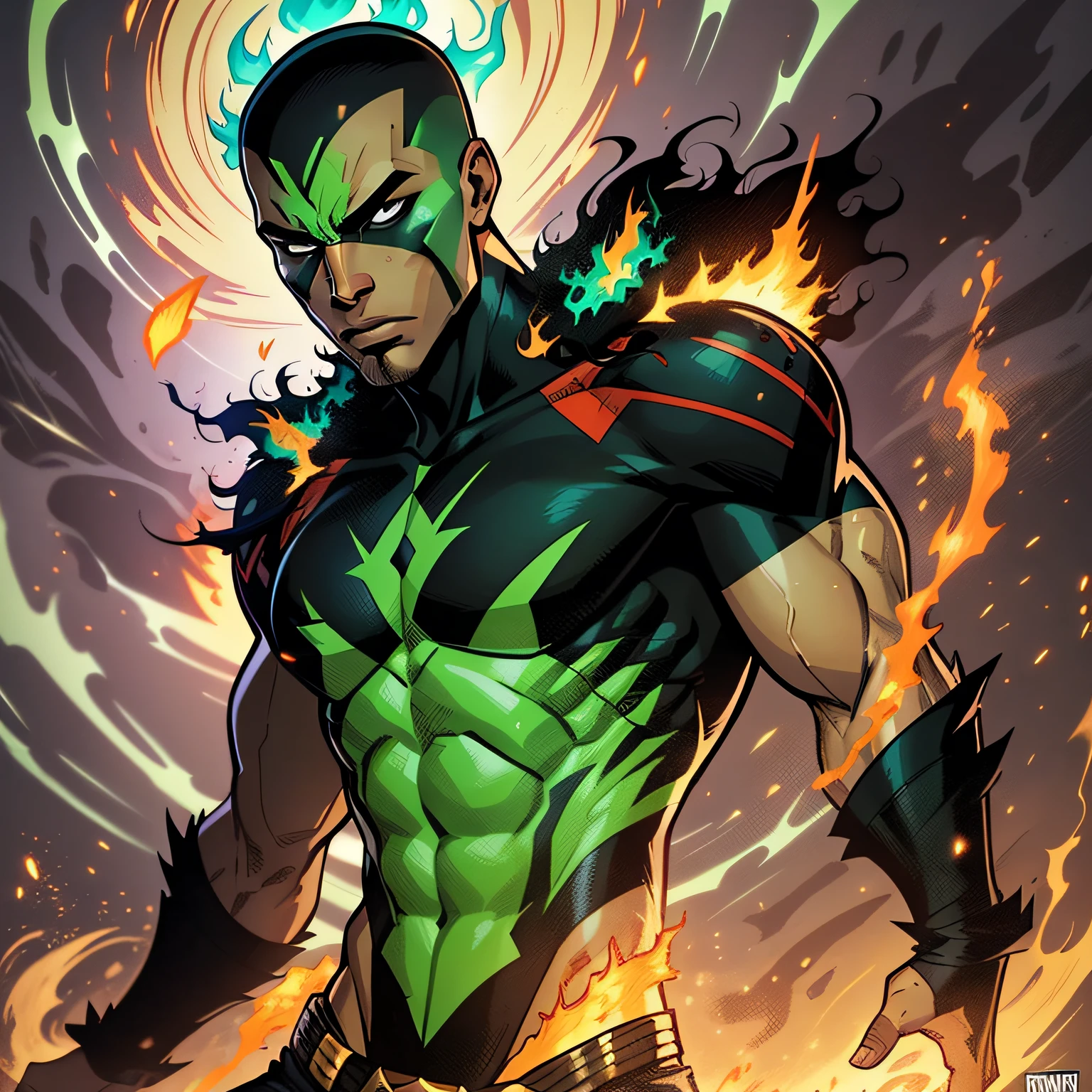 marvelcomics-style, complete body art of a male black man, skinhead, green fire flowing from the eyes, using a dark-red wrapped cloack with runic details, conjuring a green fire spell, floating in the air