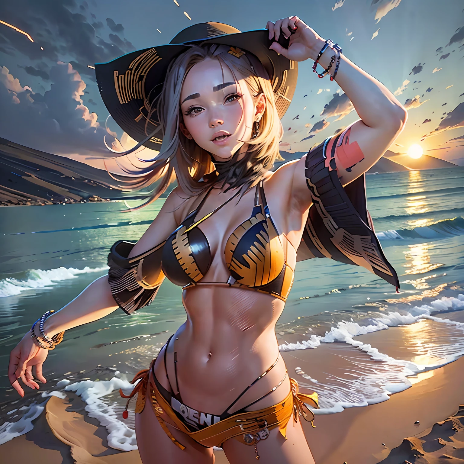 image with a person on a beach, with open arms, enjoying the sunset (surrounded by dollar signs or money notes, symbolizing the achievement of financial freedom and the ability to enjoy life with financial independence)