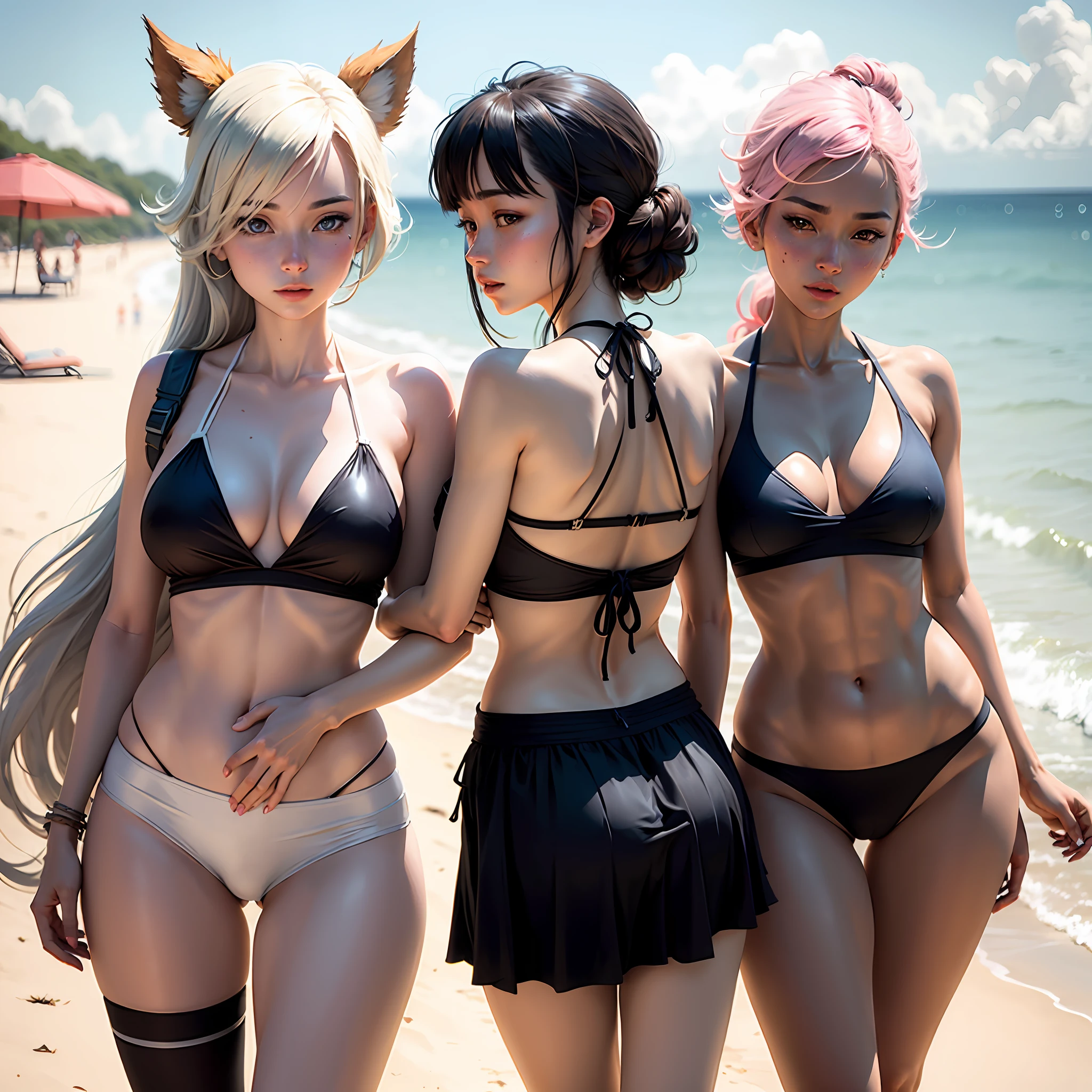 anime - style illustration of two women in bikinis on a beach, wlop and sakimichan, 2 b, 2b, from girls frontline, in the beach, at the beach, beaching, fine details. girls frontline, on a beach, on a sunny beach, commission for, commission for high res, kantai collection style, two beautiful anime girls --auto