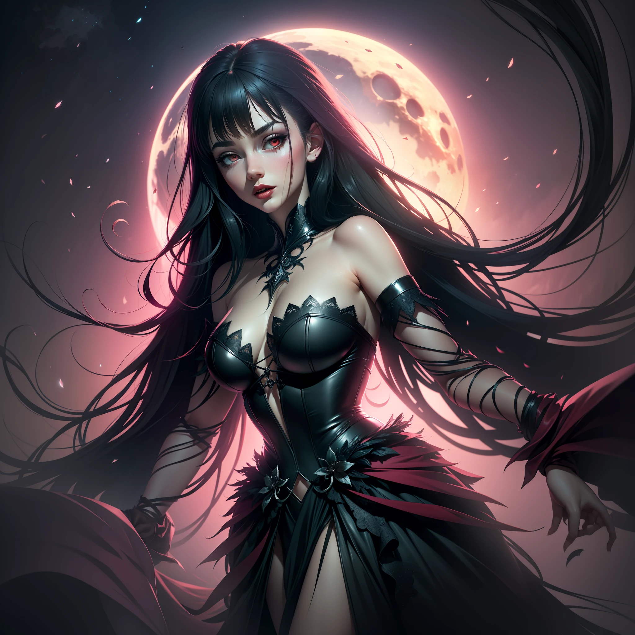 (extremely detailed CG unity 8k wallpaper,masterpiece, best quality, ultra-detailed),(best illumination, best shadow, an extremely delicate and beautiful),floating,vampira,red eyes,black hair,black gothic dress,moonlit night, ethereal,charming, dark and mysterious ambiance