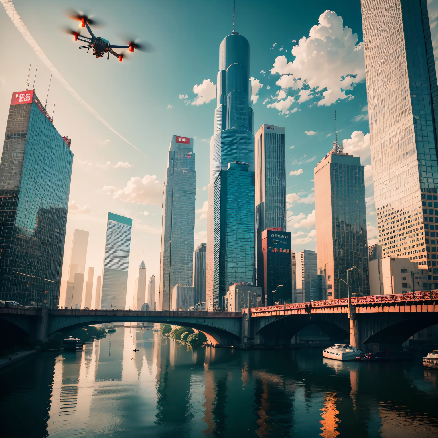 Internet of Things, Drones, Big Data, Cloud Computing, Smart Transportation, River, Xiangyun, Chinese Cyberpunk Style Modern City, Sunshine, Masterpiece, Super Detail, Epic Composition, Ultra HD, High Quality, Extremely Detailed, Official Art, Unified 8K Wallpaper, Super Detail, 32K - V 6