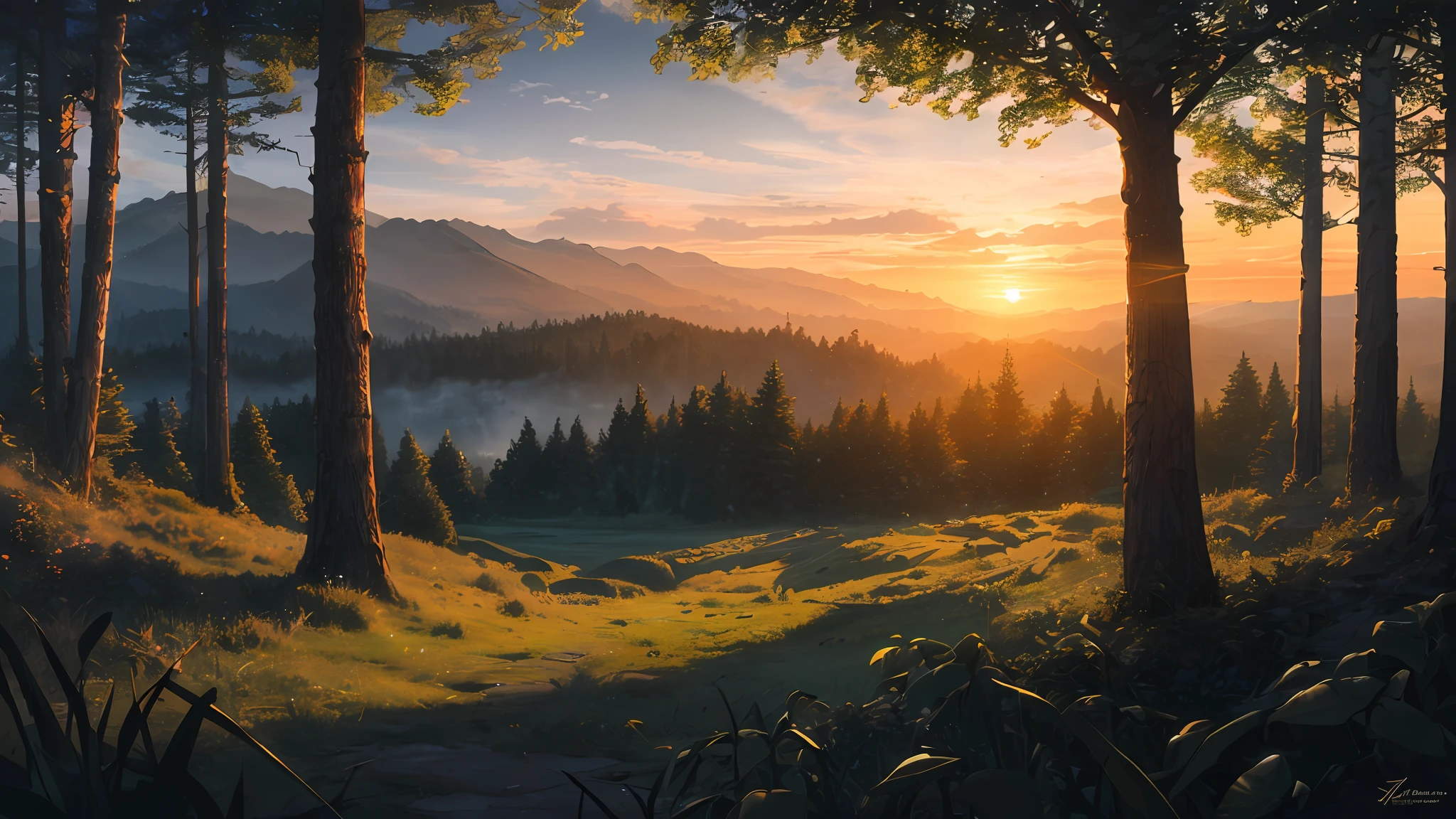 (masterpiece, best quality:1.2), ultra detailed, cinematic lighting, HDR, ilustration, sunrise, forest, impressive, chill, inspirational,