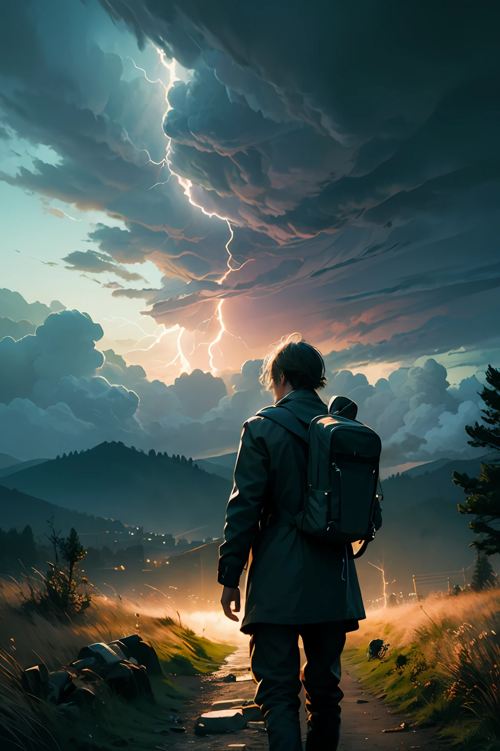 John Bunyan's Pilgrim walks lonely through a gloomy valley, lightning and lightning in the night, carrying a battered and heavy backpack on his back towards a hill with a cross, in a bright light scene, even amid the locks of night