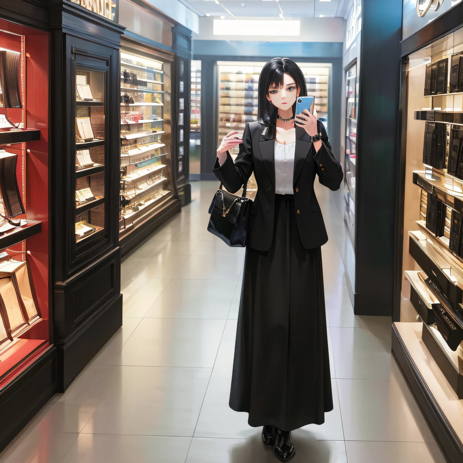 Masterpiece, the best picture quality, a 25-year-old woman in a long skirt with long black hair holding up a mobile phone and a 25-year-old handsome man with short black hair in a suit standing in a watch store, high-end luxury,