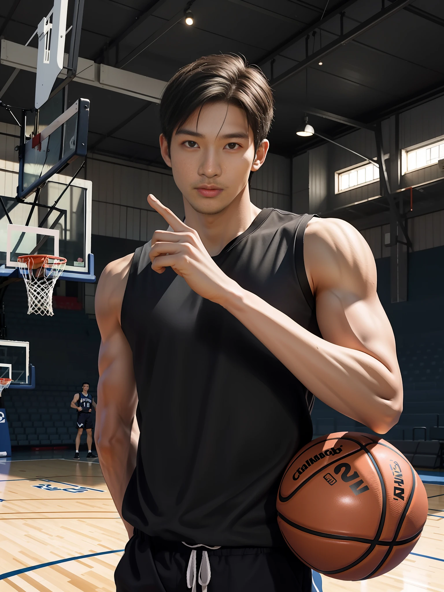 (Masterpiece, best quality), 1 male, 22 years old, age: 1.4, tall muscular man, broad shoulders, Asian male, excellent figure, fine and meticulous eyes and meticulous face, best proportions four fingers and one finger, best light and shadow, extremely short hair, undercut, mercenary, background on the basketball court, realism, real people, very realistic,