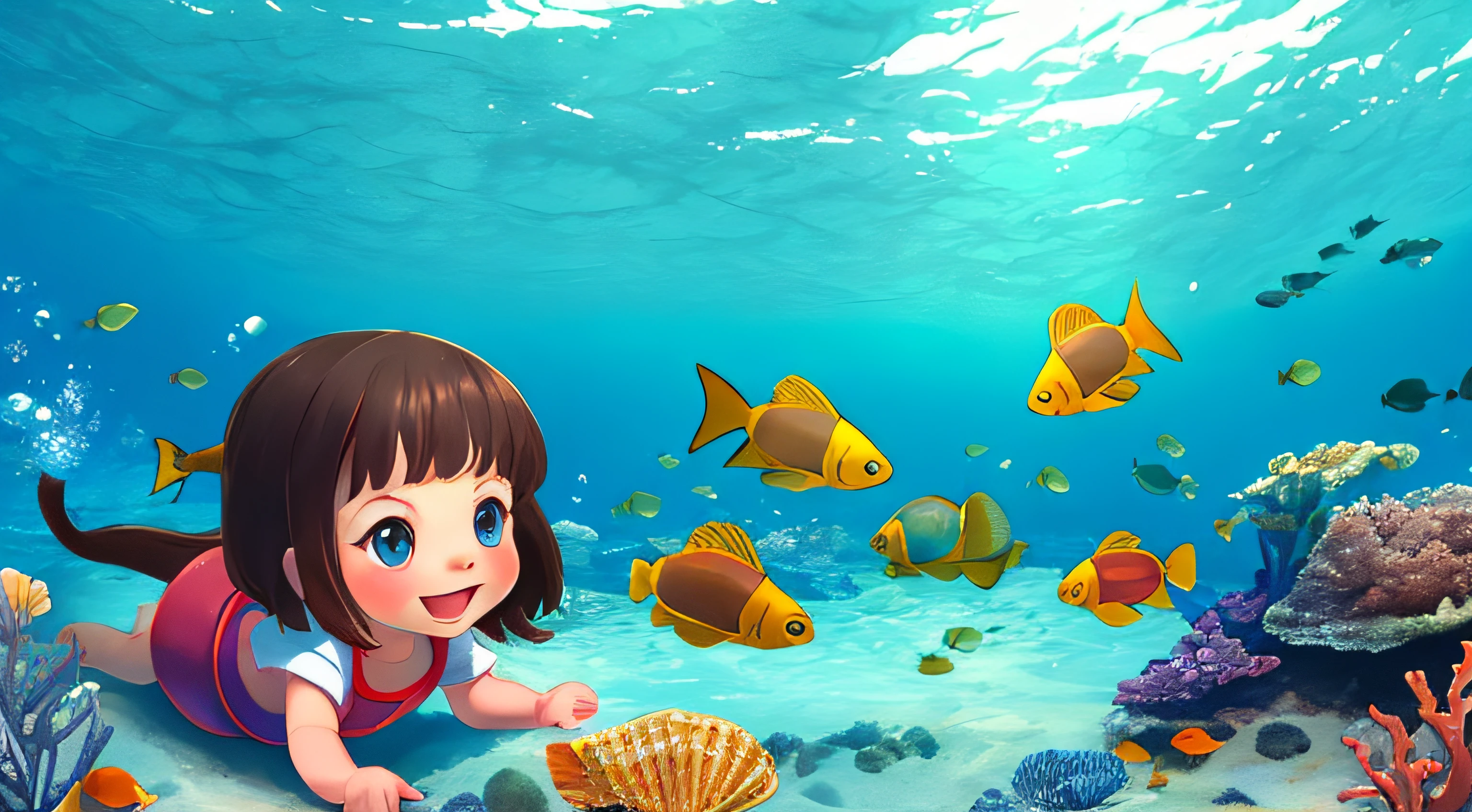 happy girl, 1 year oey style, shoulder length dark brown hair, dark brown eyes, inside a submarine under the sea with fish, stingrays, turtles, seahorse, starfish, chest, shell and ship shipwrecked --auto