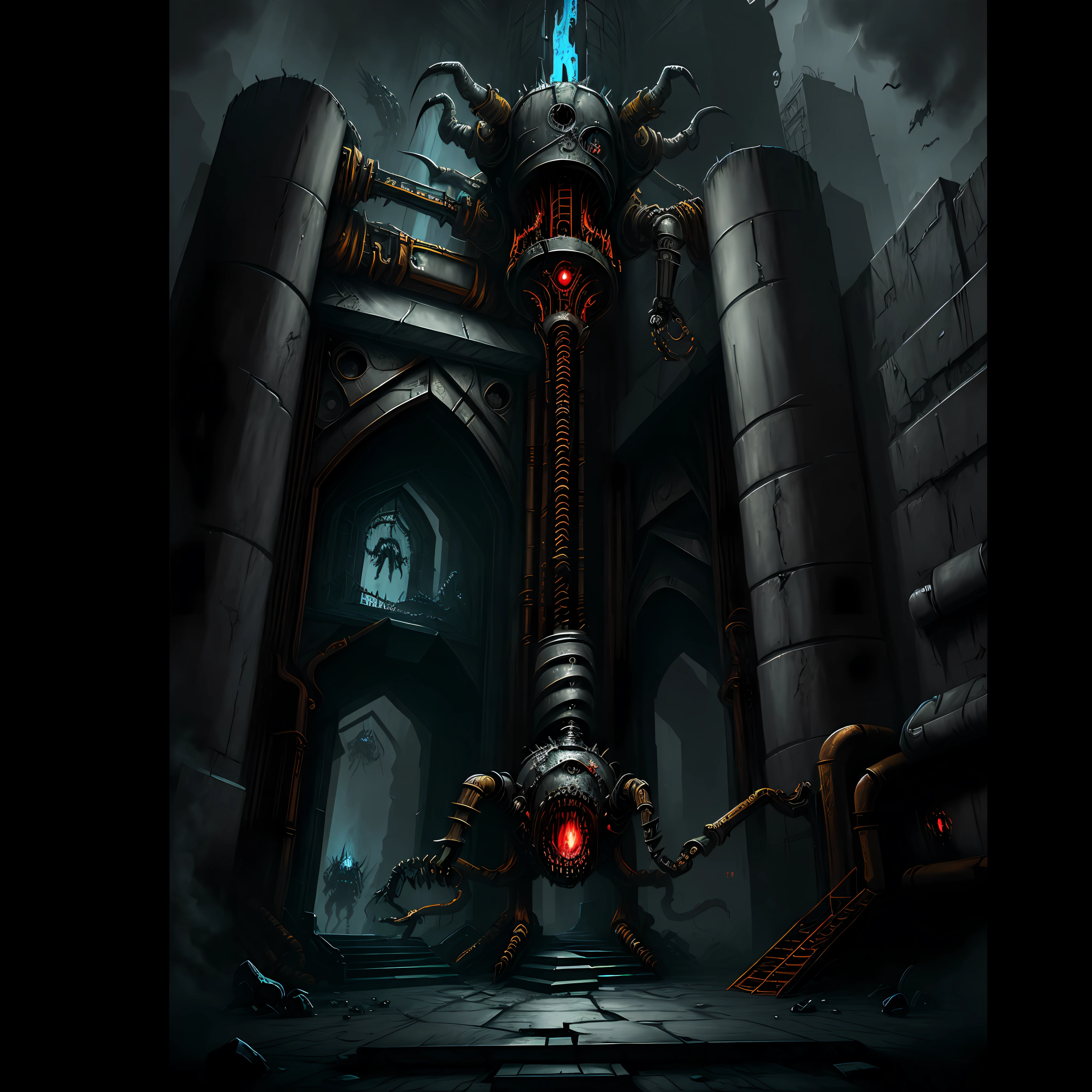 a biomechanical infernal portal, horror art, access to negative dimension, spiked walls, madness, UHD, unreal engine, sketch color drawing, very detailed, masterpiece