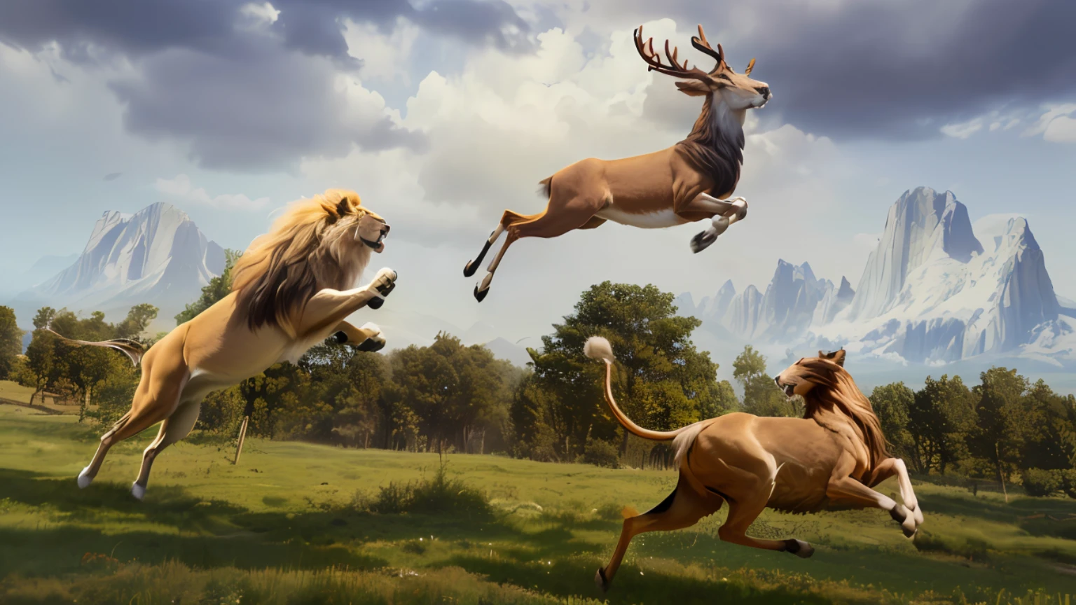 Lion jumping up chasing deer in mid-air, deer expression is terrified, a lion below wants to block, animal chase, realistic scene, 3d rendering and matte painting, realistic photography ancient art, VFX action shots, realistic CGI, animal running, amazing CGI, realistic ancient art, photoreal, 3D matte painting, surreal.