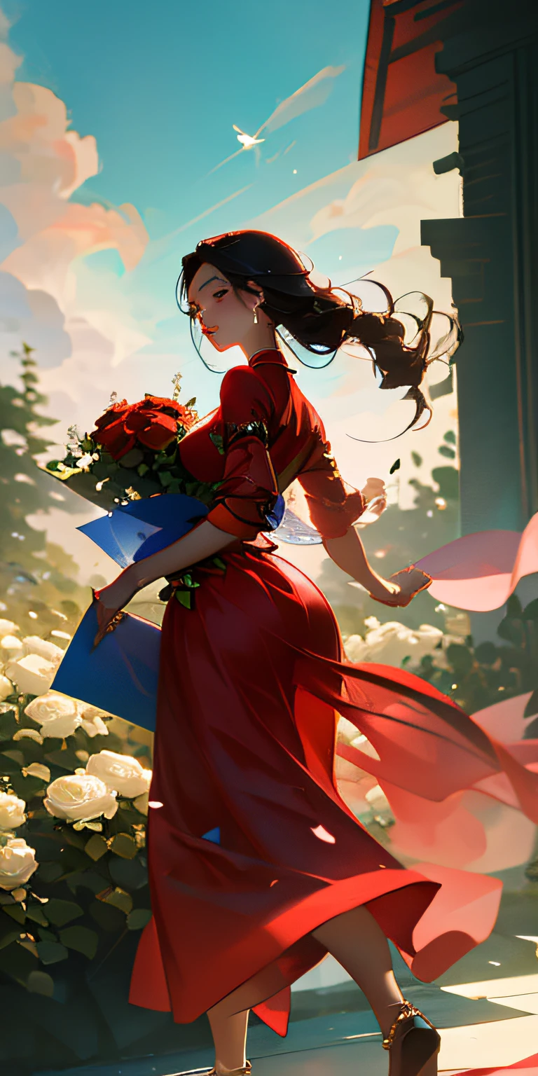 A painting depicts a young girl running away from a huge bouquet of roses. She is dressed in a charming red long dress, her hair is flowing like a princess, and her painting style is elegant, high-class and simple, Chinese. Skirt and hair glowing hair, central composition, medium vision, bright lighting, blue sky and white clouds, technical details, best quality, roses