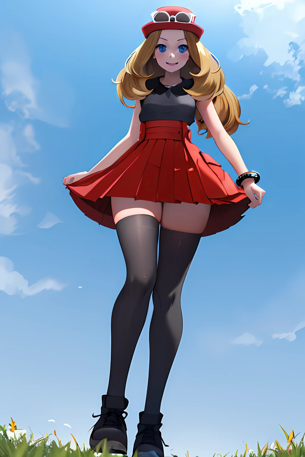 masterpiece, best quality, highres, blue eyes, serena \(pokemon\), 1girl, solo, thighhighs, long hair, hat, jewelry, bracelet, black thighhighs, collared shirt, pleated skirt, red skirt, sleeveless, high-waist skirt, sleeveless shirt, eyelashes, pink headwear, black shirt, eyewear on headwear, (full body:1.5), giantess, smile, (from below:1.5), thick thighs, looking down at viewer, upskirt, character_pokemon_serena, gts, large breasts, field, looming, mature female, walking, high quality, hd quality, masterpiece, photorealistic