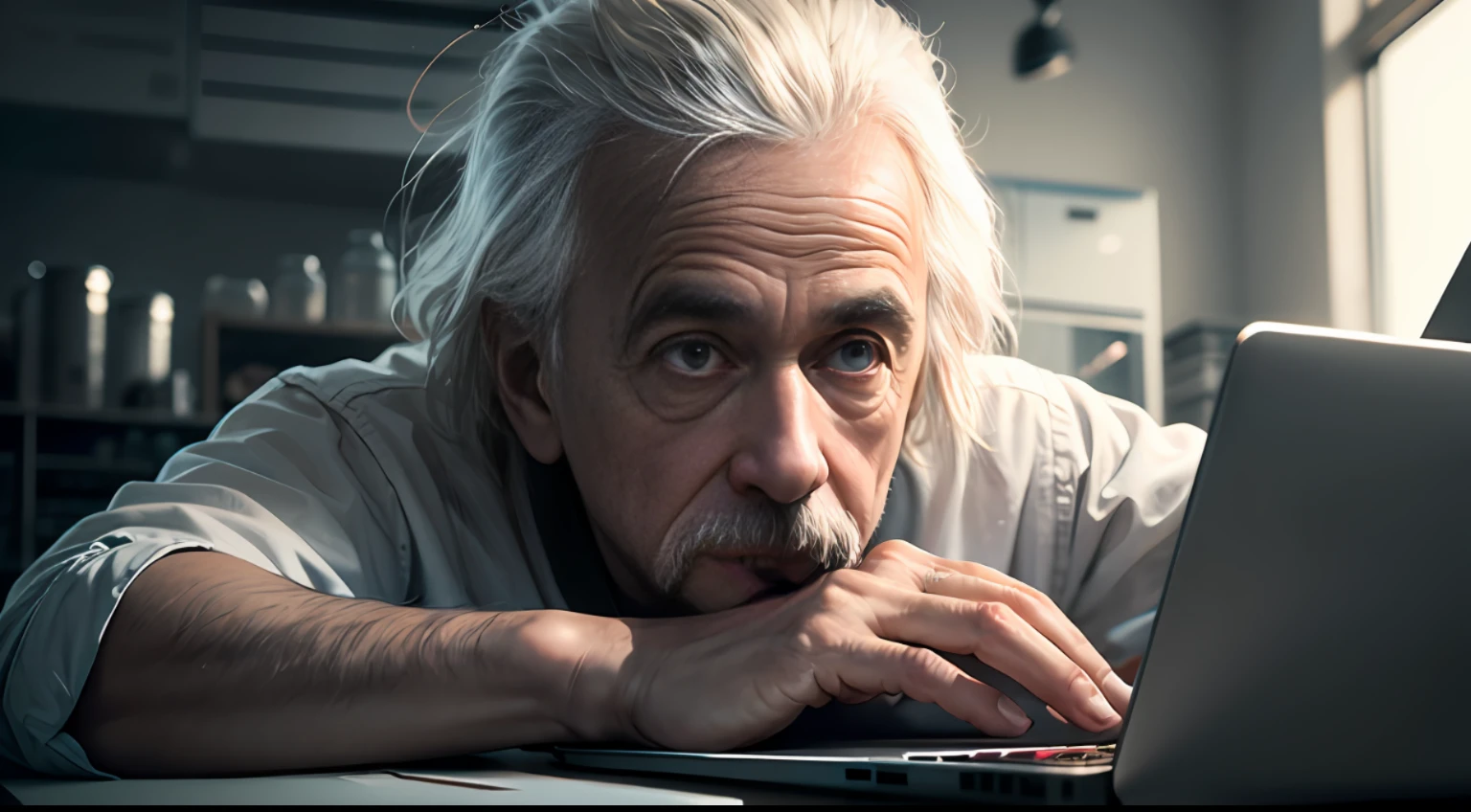 Albert Einstein, sitting,  detailed eyes, detailed face, inside his lab, (typing on a laptop)
, crazy scene from a movie, dramatic shooting angle, atmospheric particles,
Real, raw cinematic photorealism, action portrait, 8k, detailed, centered, full frame