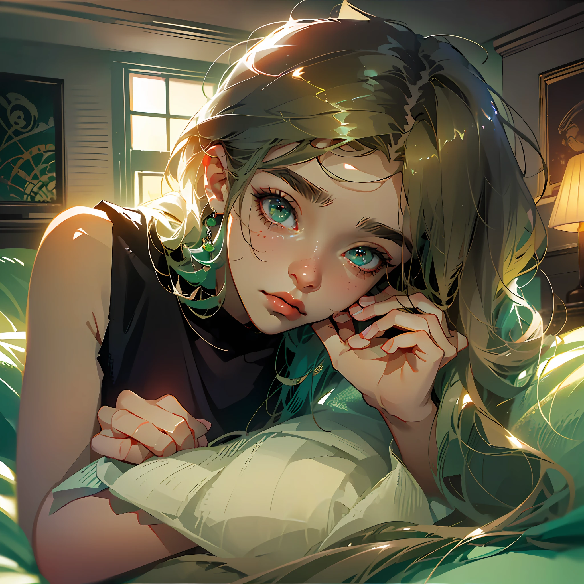 Emphasis on a Girl((looking at the ceiling:1.4)),wearing(black tank top:1.2);(pajama shorts:black),(sofa+dark green){pillow under head},hair(silky blonde going down the sofa:1.2), lighting(low contrast), relaxed, deep look, tired,(full body), (lying down:1.3),framing angle:diagonal vision, supposing detailing, superior quality,[(apparent tv,furnished house,  (living room)],((anime style)), soft stroke, soft focus, minute details, sad scene, (sad environment:1.3). --auto