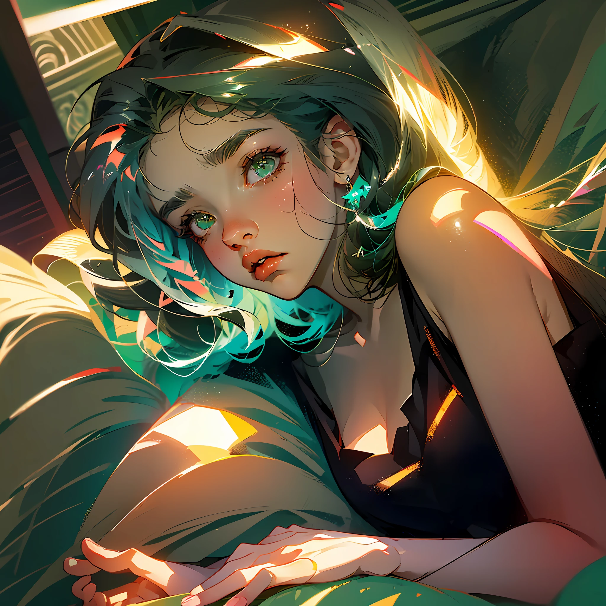 Emphasis on a Girl((looking at the ceiling:1.4)),wearing(black tank top:1.2);(pajama shorts:black),(sofa+dark green){pillow under head},hair(silky blonde going down the sofa:1.2), lighting(low contrast), relaxed, deep look, tired,(full body), (lying down:1.3),framing angle:diagonal vision, supposing detailing, superior quality,[(apparent tv,furnished house,  (living room)],((anime style)), soft stroke, soft focus, minute details, sad scene, (sad environment:1.3). --auto